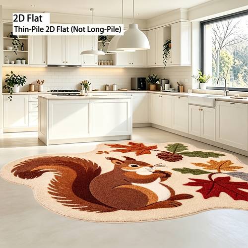 item picture 2D Flat Creative Squirrel Maple Leaf Pattern Machine Washable Irregular Kitchen Rug, Thin Plush 2D Printed Non-Long Pile, Office, Bathroom, Living Room, Bedroom, Indoor/Outdoor Door Mat, Entrance Carpet