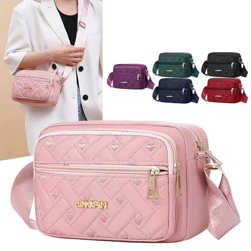 

Nylon Crossbody Bag - Chic , Quilted , Zipper Shoulder Bag In Pink, Black, And More Colors, With Polyester Lining For Use, Small Crossbody Bag