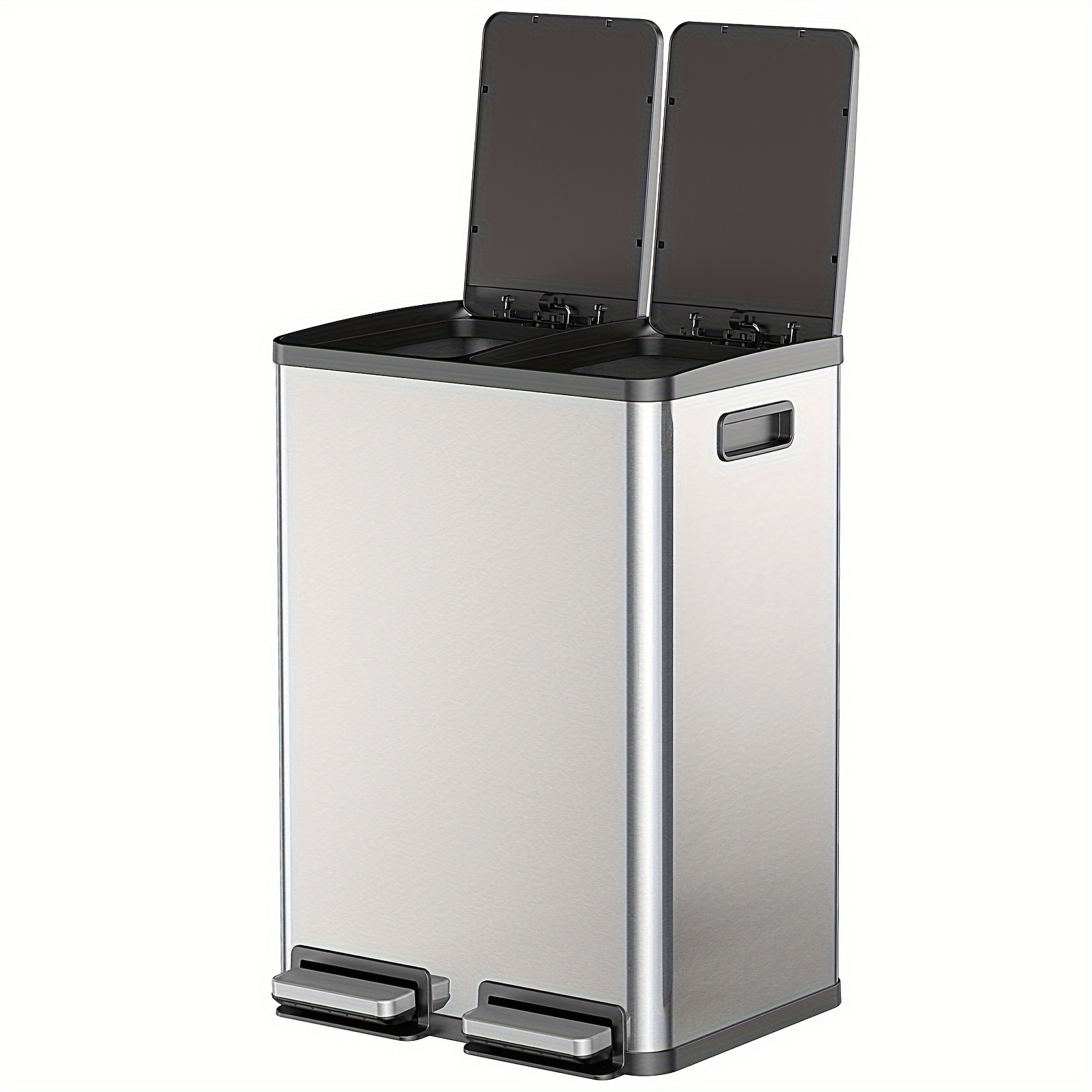 Large 60-litre Stainless Steel Trash Bin - Double Compartment With 2x8 Gallon Plastic Inner Pails, Sealed Design With Soft-closed Foot Pedals, Ideal For Bathrooms, Kitchen, Bedrooms, And Home Offices