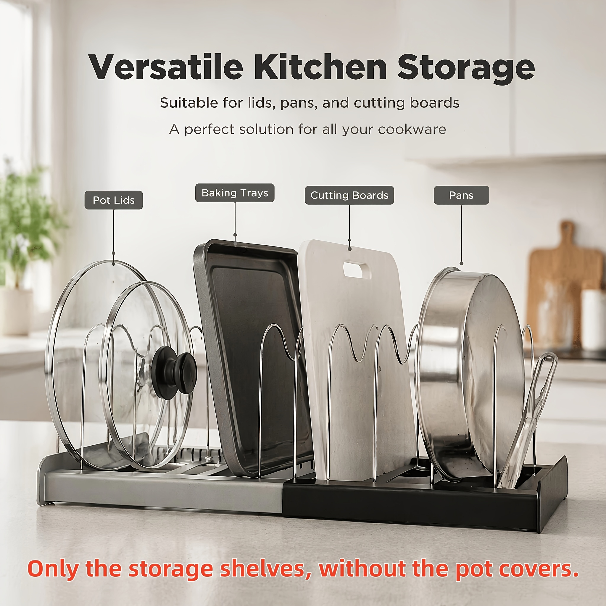 TEMU Jpek Adjustable Pot Lid Organizer, Suitable For Cabinet Drawers And Countertops, Extra-large Capacity Kitchen Rack To 10 Items, Sturdy Cookware