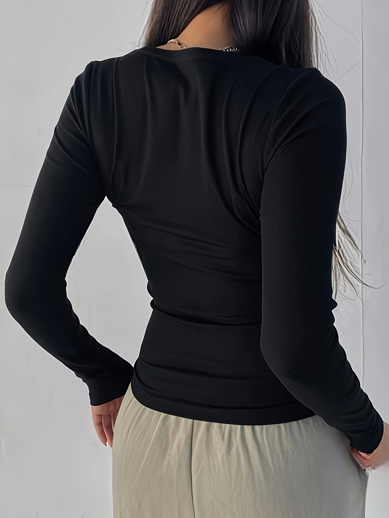 Women's Slim-Fit Ribbed Long Sleeve Top - Solid Black Round Neck Stretch Shirt, All-Season Machine Washable Elegant Casual & Formal Wear, Versatile Clothing, Sophisticated Style, Durable Clothing, Stretchy Fabric, Everyday Outfit, Slim Fit, Comfortable Fit, Fitted Blouse, Office Women
