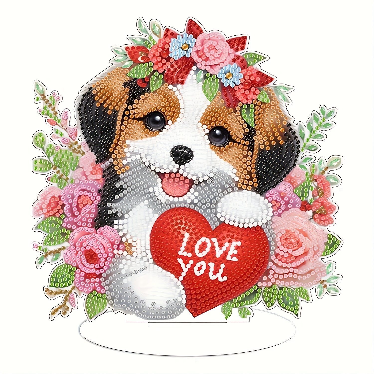 

5d Diamond Painting Kit - Animal Theme With Irregular Shaped Diamonds, Acrylic Pmma Dog With Flowers And "love You" Heart Art Craft For Bedroom Table Decor And Gift Box