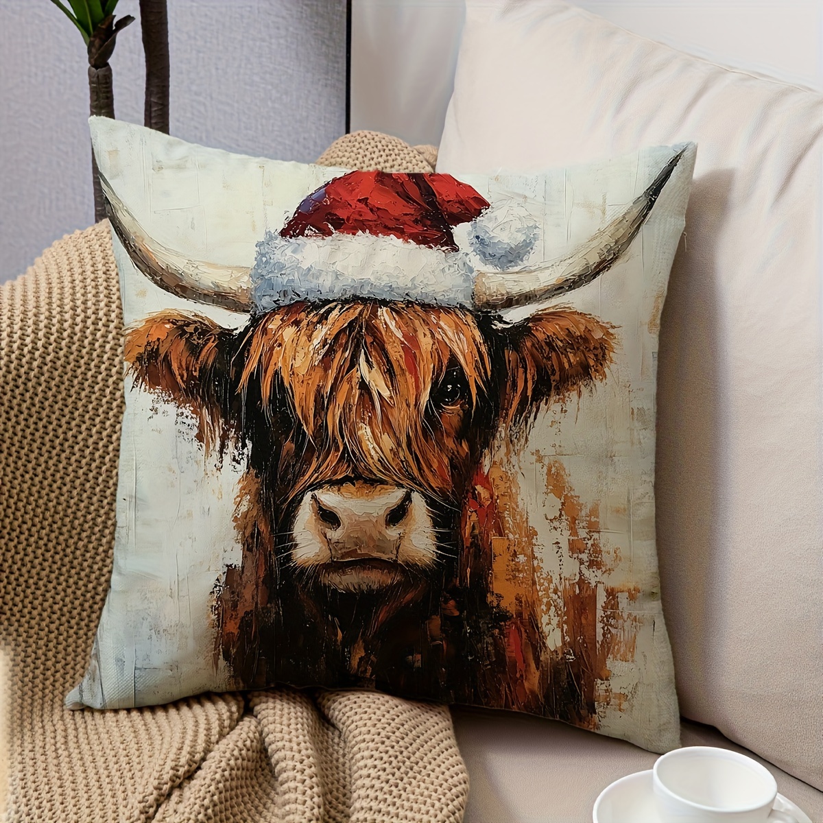 

Rustic Farmhouse Cow With Red Hat Decorative Throw Pillow Cover, 18x18 Inch - Machine Washable, Allergy-friendly Polyester