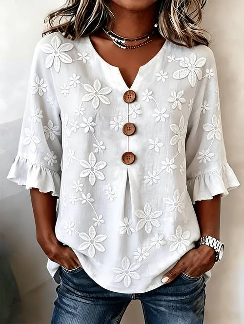 item picture womens floral v neck notched hem embroidered commuting daily summer pretty blouse
