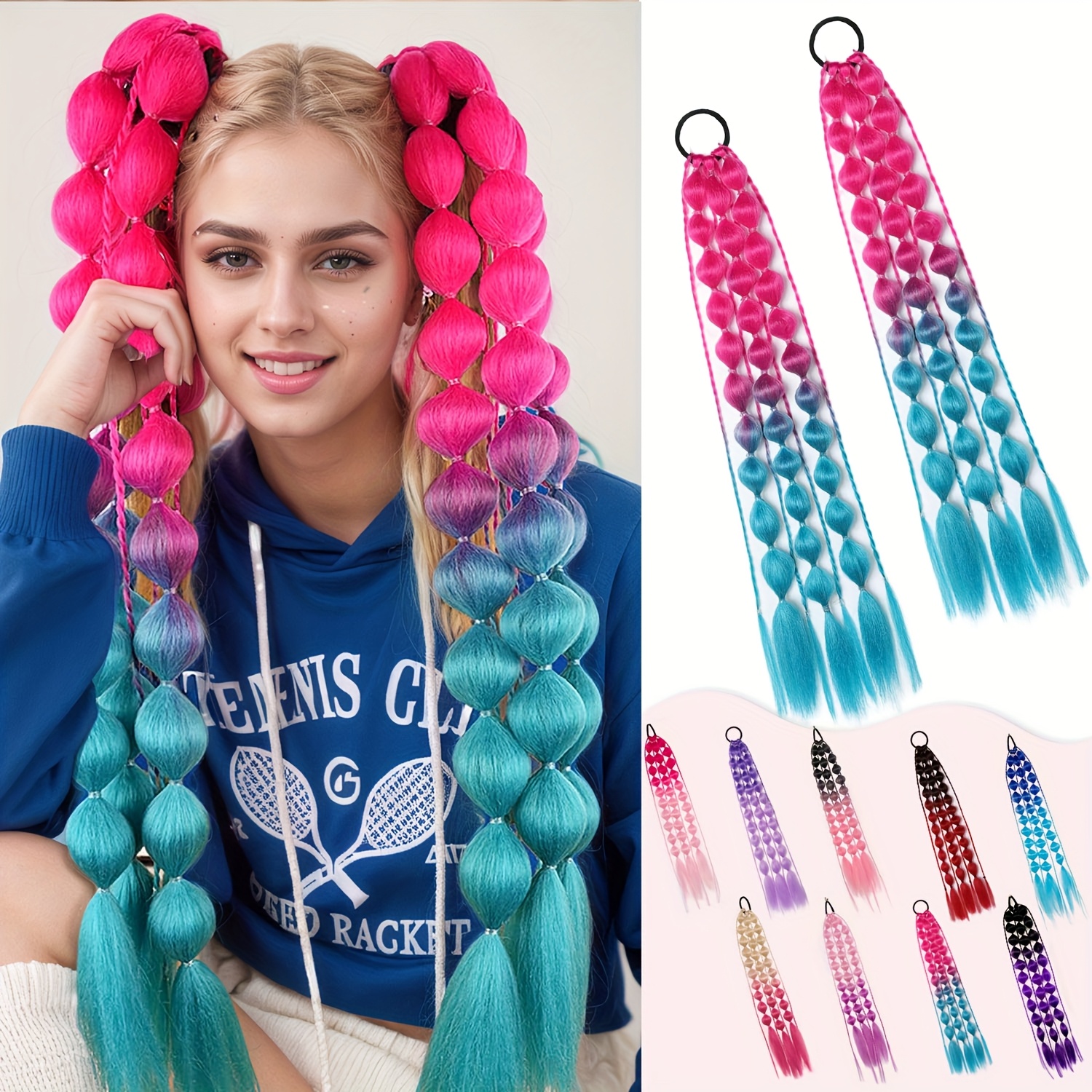 Bubble Ponytail Extensions Synthetic 22 Inch Colorful Braids for Girls Festivals Bubble Ponytail Extensions Synthetic 22 Inch Colorful Braids  main image 3