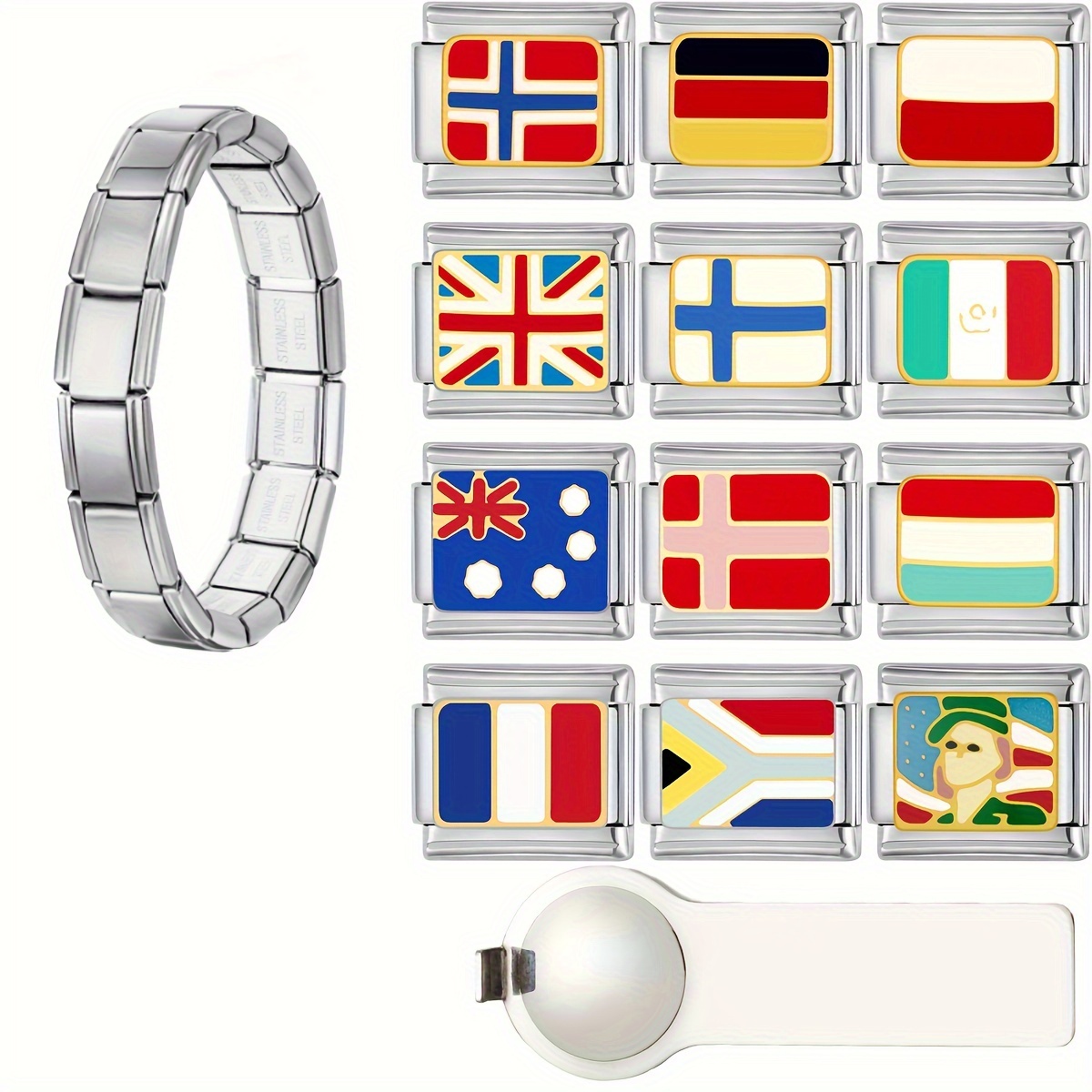 

1pc Elegant Italian-inspired 9mm Stainless Steel Diy Charm Bracelet Kit With 16 Flag-themed - Ideal For & Parties, Perfect Gift