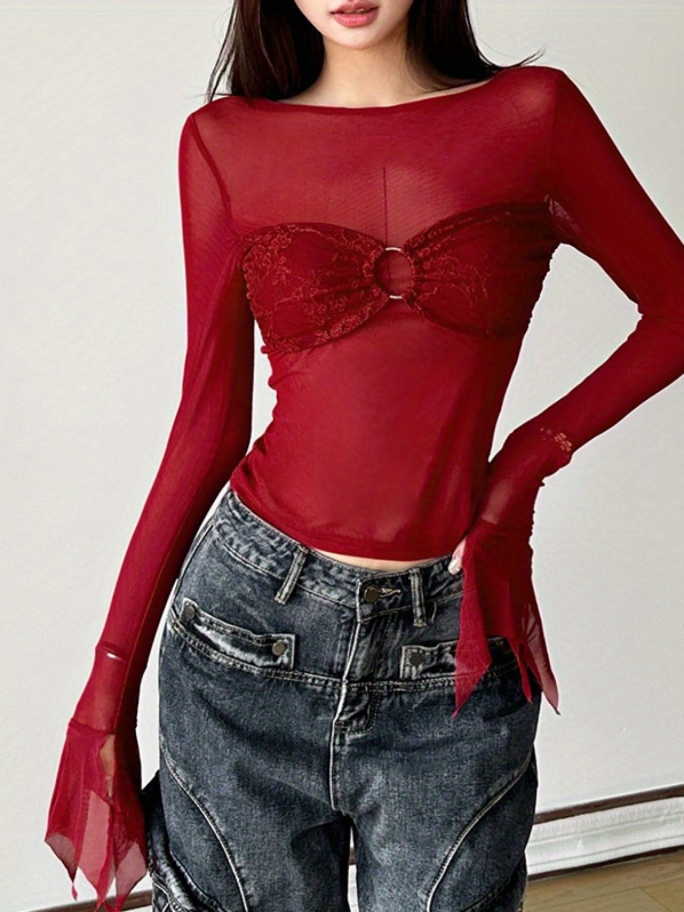 Womens Crop Top Sexy Sheer Mesh See Through Tee Club T