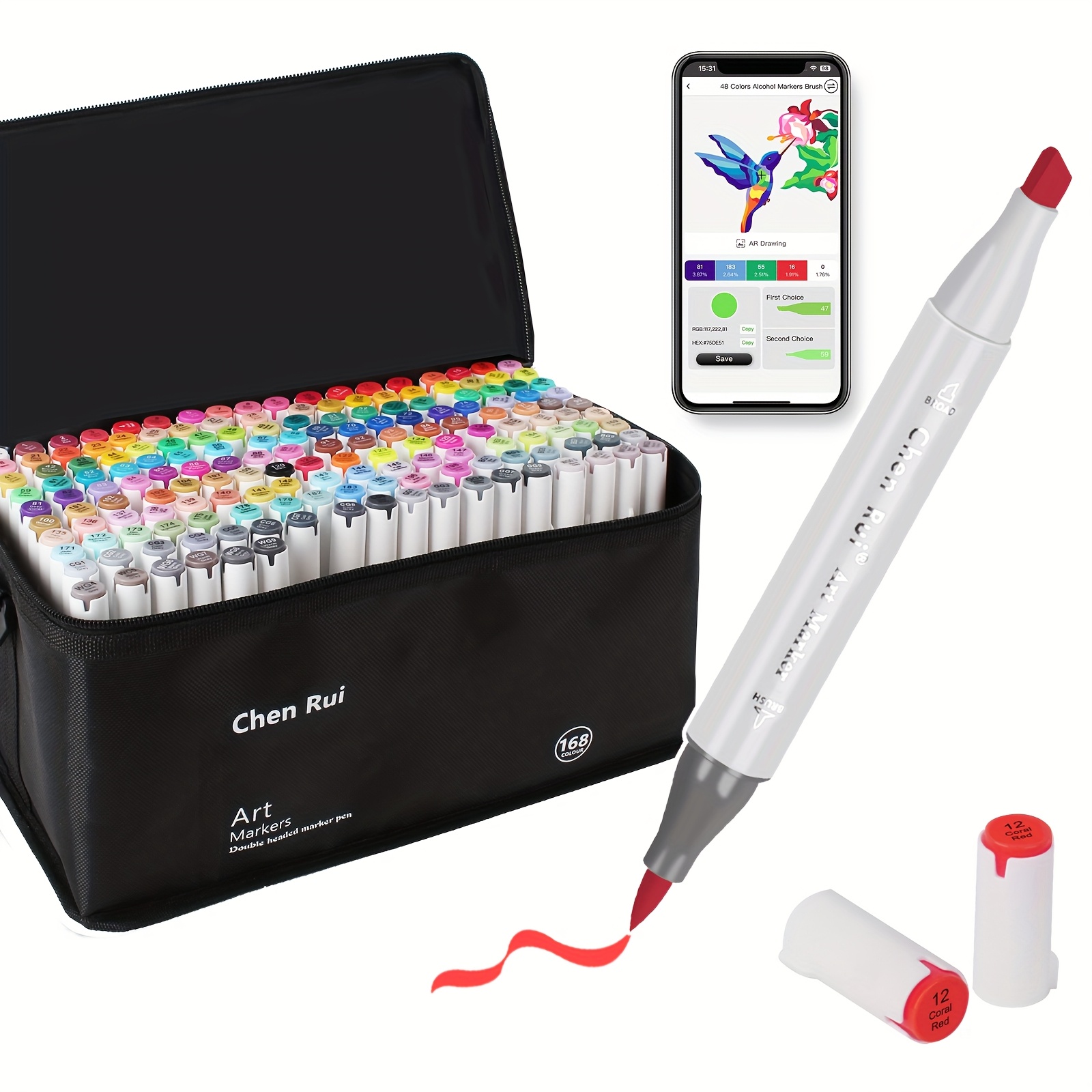 168/120/80/60/48 Alcohol Markers with Free App, Double Headed Art Markers with Kickstand Case for Adults, Alcohol Based & Chisel Tips Markers for Painting, Sketching, Drawing