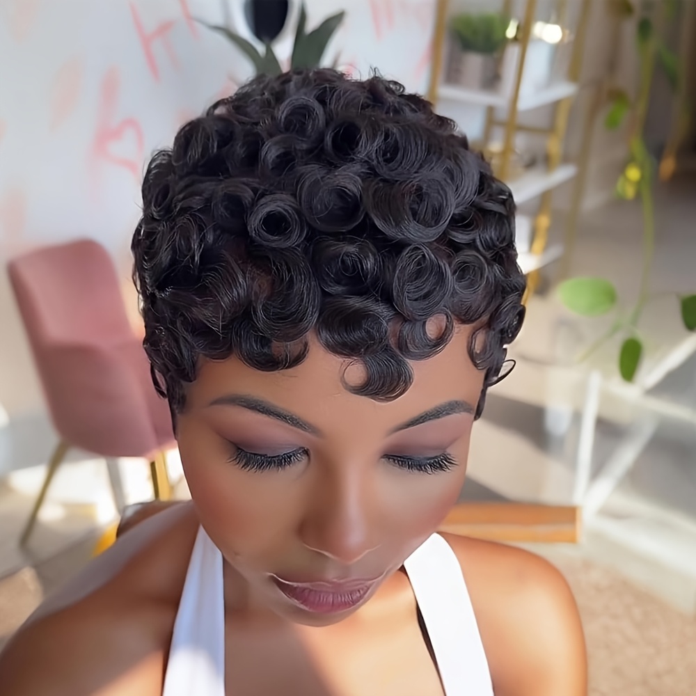 TEMU Pelucas Cortas de Cabello para Mujeres - Pelucas Rizadas Cortas de 6 Pulgadas - Densidad 180% - Pelucas Sin Pegamento con Flequillo para Uso