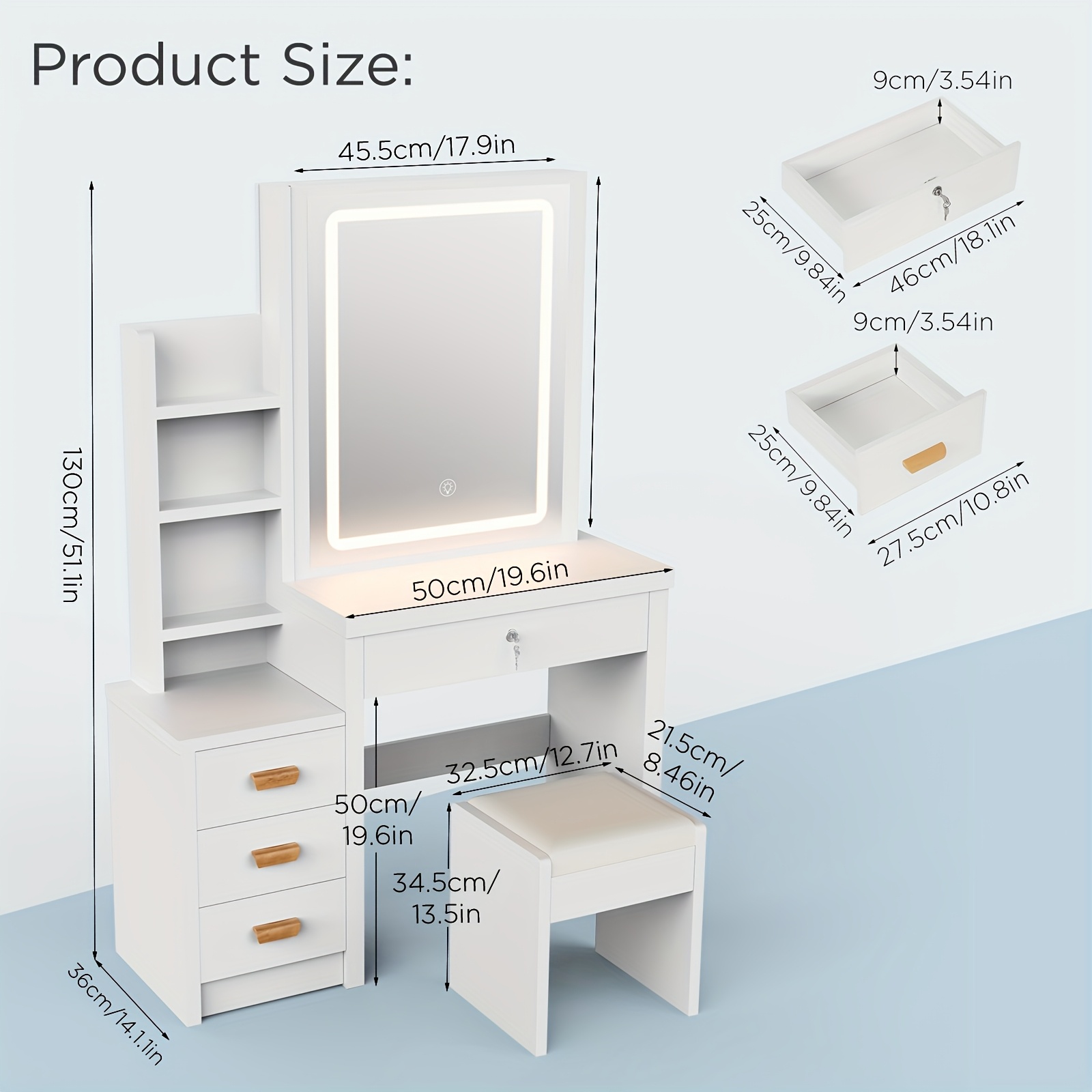 Dressing Table With Mirror And Stool, Vanity Table With Led Lights And Adjustable Brightness, Vanity Desk With Mirror, 6 Hidden Shelves, Makeup Desk For Bedroom, White (4 Drawers & Lighted Mirror)