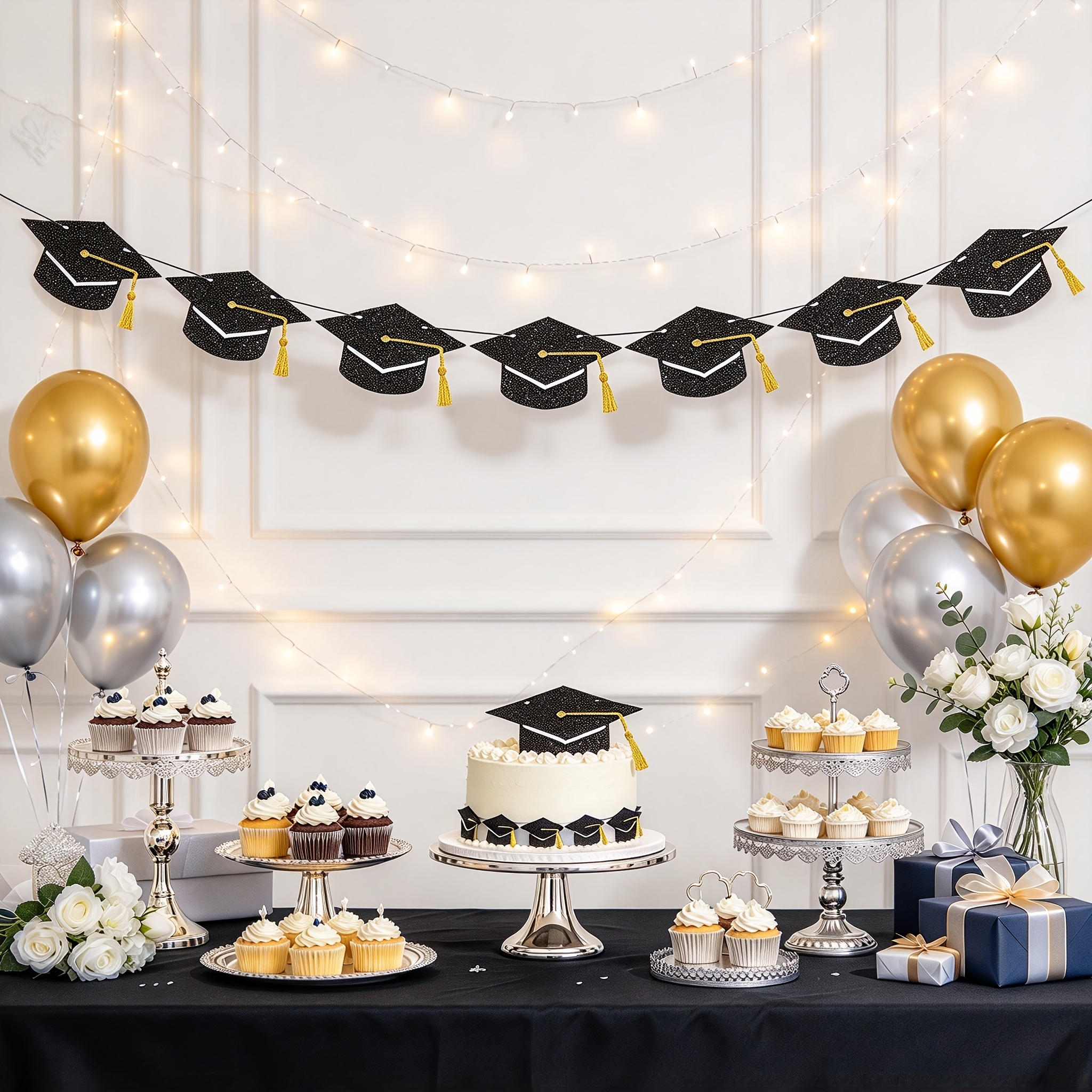 Image of 1pc Golden Congrats Grad Banner Garland, Glitter Graduation Party Banner, Golden Grad Congrats Class Of 2026 Party Decorations For College High School Graduation Party Supplies