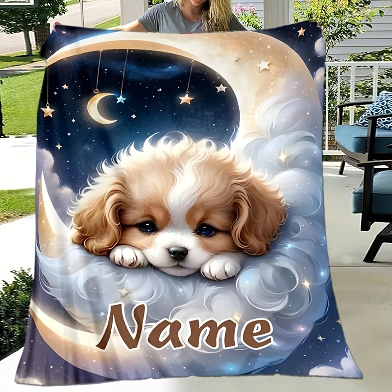 

Custom Name Flannel Throw Blanket - Puppy & Moon Print, Couch, Bed, Office, And Outdoor Use - , Machine Washable, Gift, Beach Camping, Car, Pet Blanket