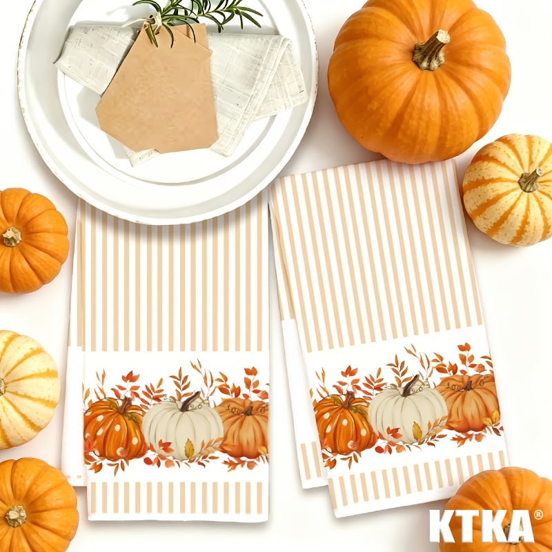 TEMU Cleaning Cloth 2pcs Kitchen Towels, Vertical Stripes With And Leaves Border Design Autumn Kitchen Towels, , Kitchen Towel, Absorbent Decorative