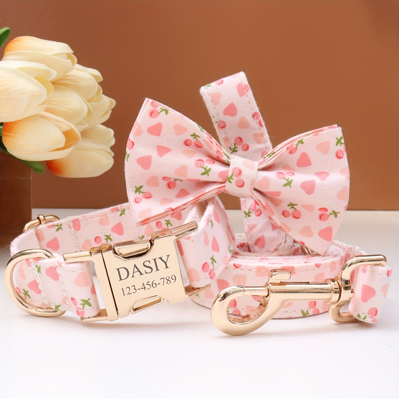 Custom Pastel Dog Collar and Leash Set with Bow