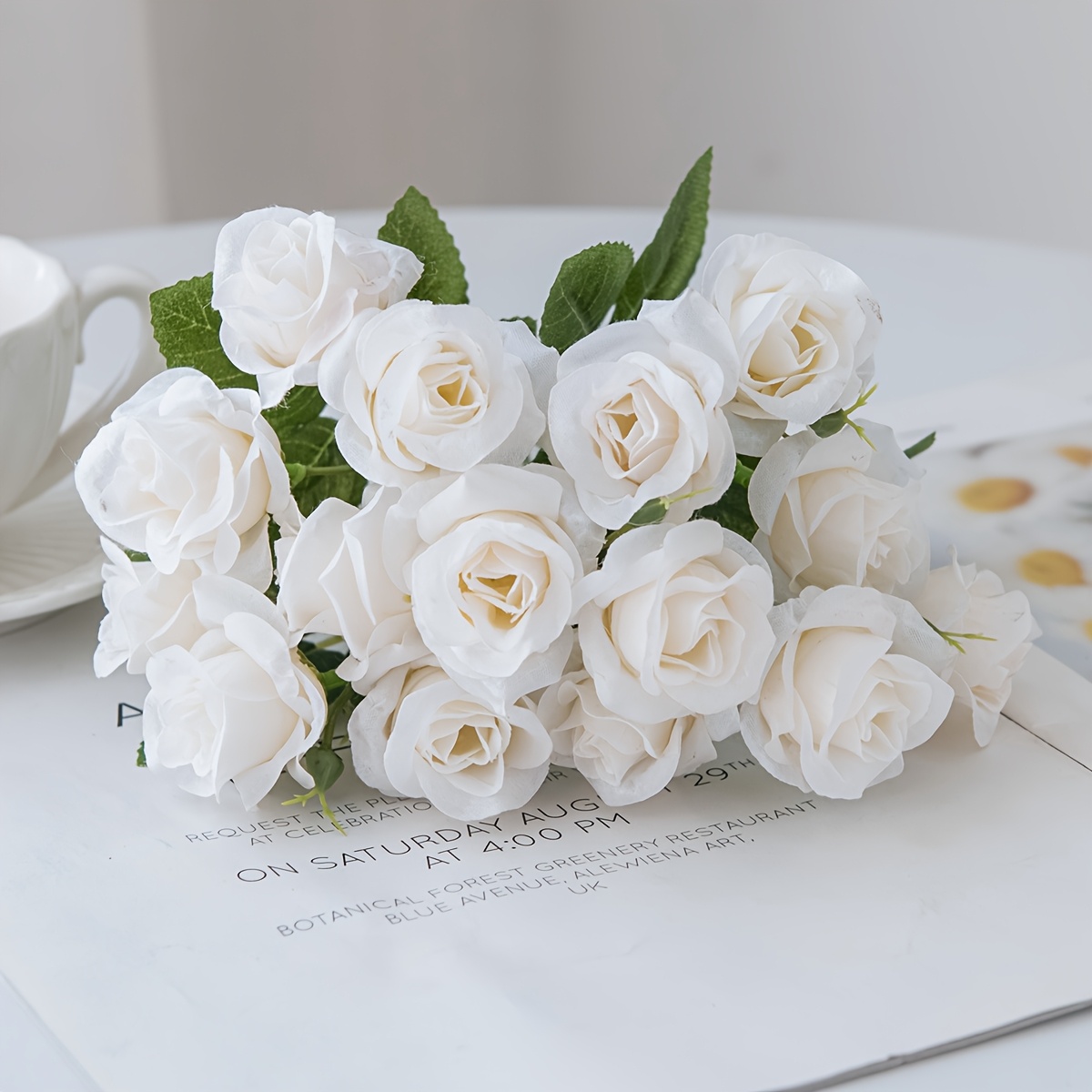 1pc Outdoor Simulation White 15 Mini Roses, Anti Uv Real Touch, Suitable For Indoor Home And Outdoor Garden Window Decoration , Summer, Autumn, , , , Mother's Day, Party Activities