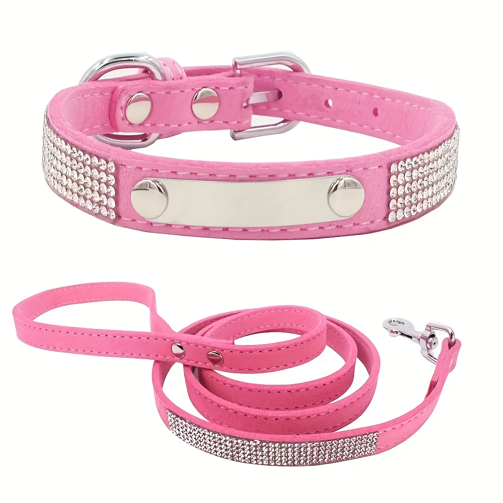 TEMU Custom 2pcs Anti-lost Pet Collar With Rhinestones, Cat Scarf With 1.2m Rhinestone Leash, Supports Custom Laser Engraving Of And Phone Number