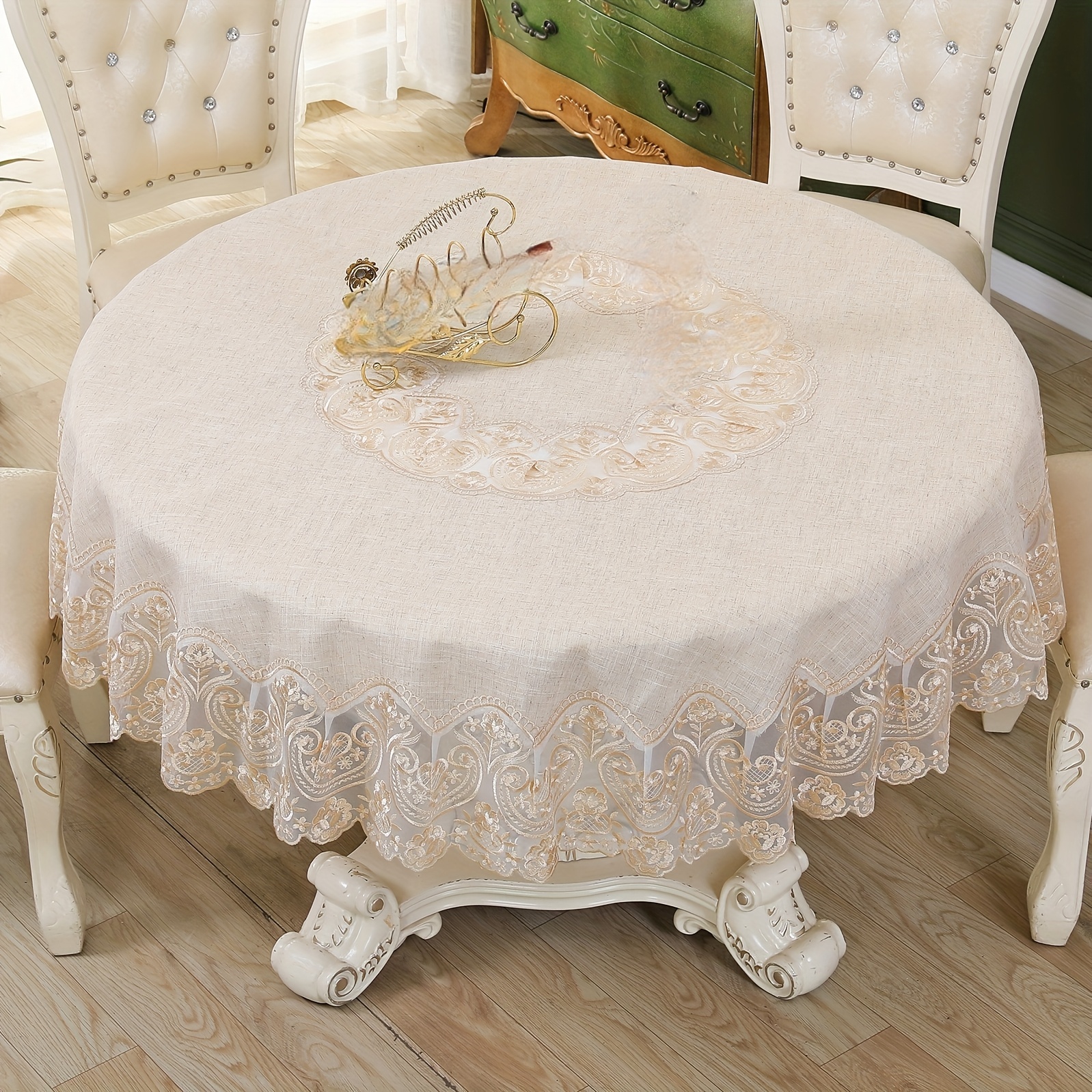 embroidered tablecloth elegant round linen tablecloth with lace trim cream colored   design for weddings outdoor dinners and holiday parties bohemian   for home decor and picnics 0