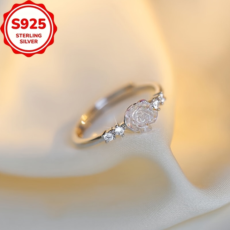 Women's S925 Silver Inlaid Zirconia Camellia Open Ring