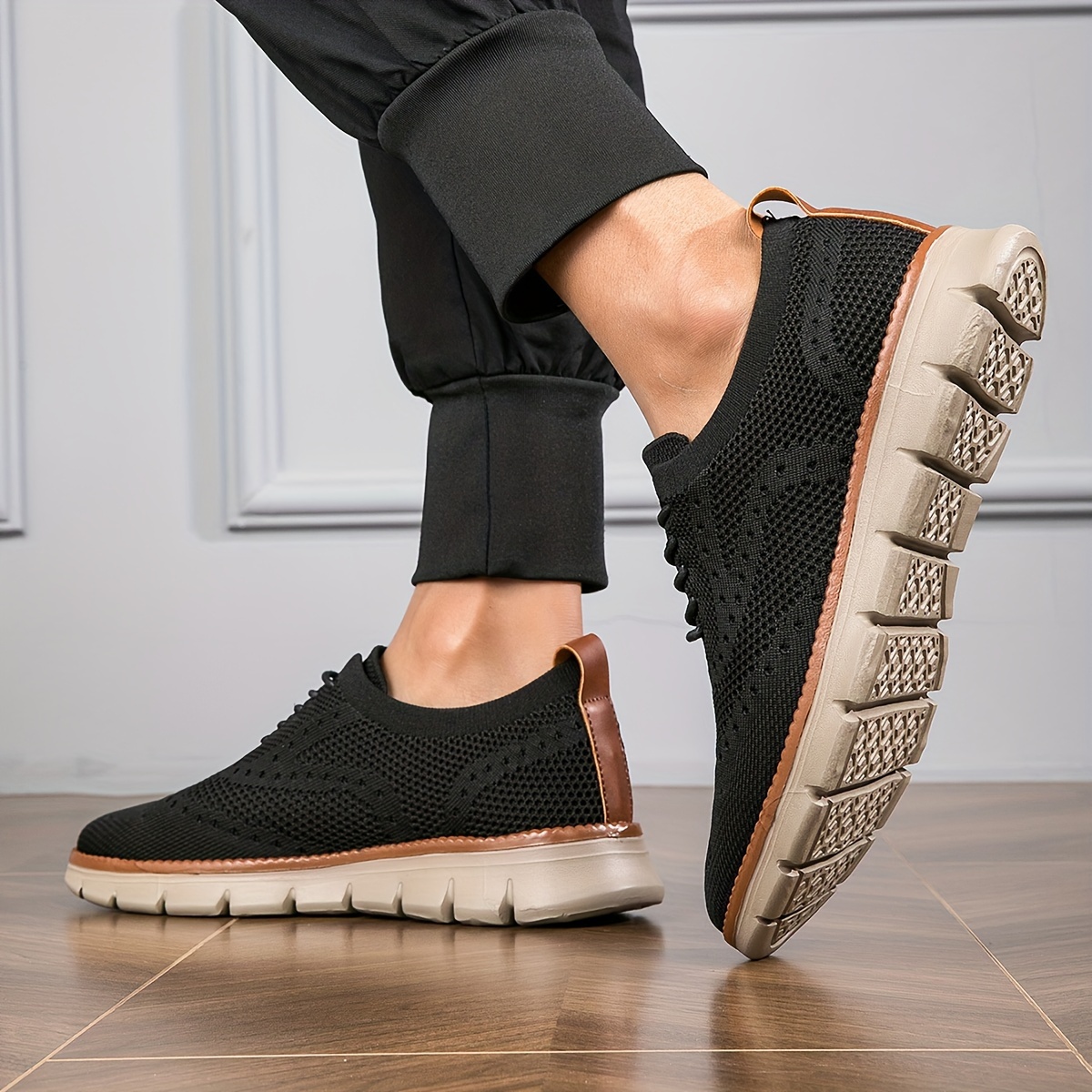 Plus Size Men's Solid Colour Woven Knit Breathable Sneakers, Comfy Non Slip Durable Lace Up Shoes For Men's Outdoor Activities