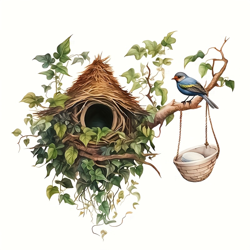 Image of 1pc Bird Nest And Leaves Wall Decal, Pvc Self-adhesive Animal Print Sticker For Home Decor, Reusable On Plastic, Glass, Metal, Ceramic Surfaces - Irregular Shape