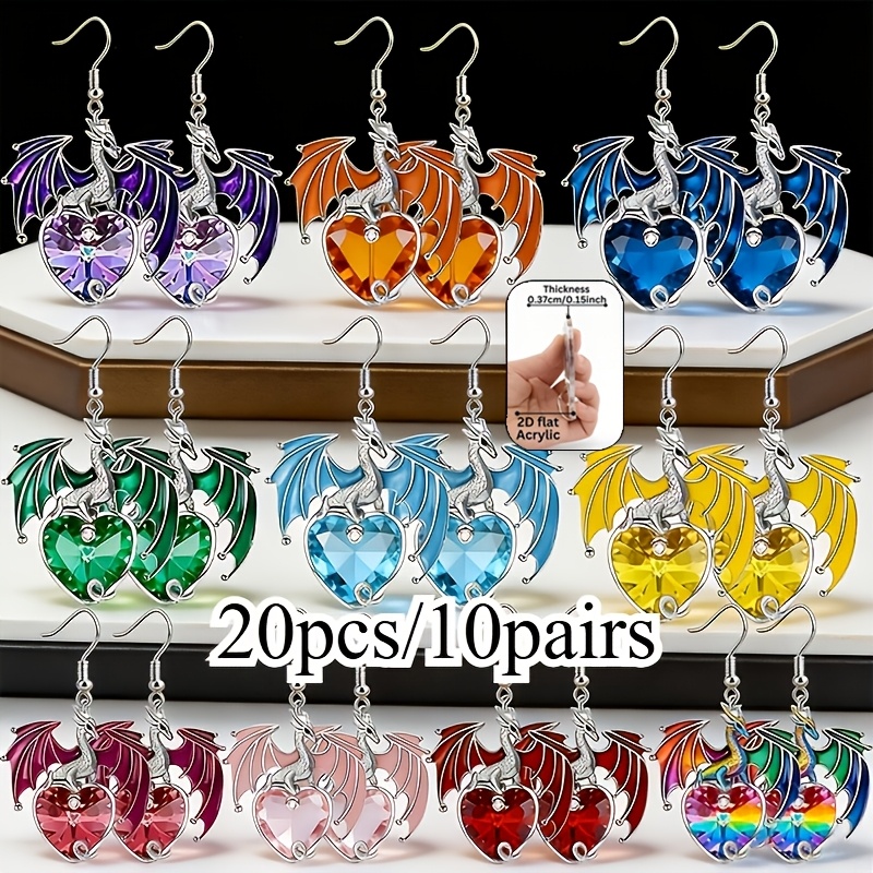 TEMU 2d Flat - 20pcs/10pairs Women's Earring Set, 2d Flat Vintage Colorful Pterodactyl Pendant Earrings, Hip Hop Pterodactyl Earrings, Unique And