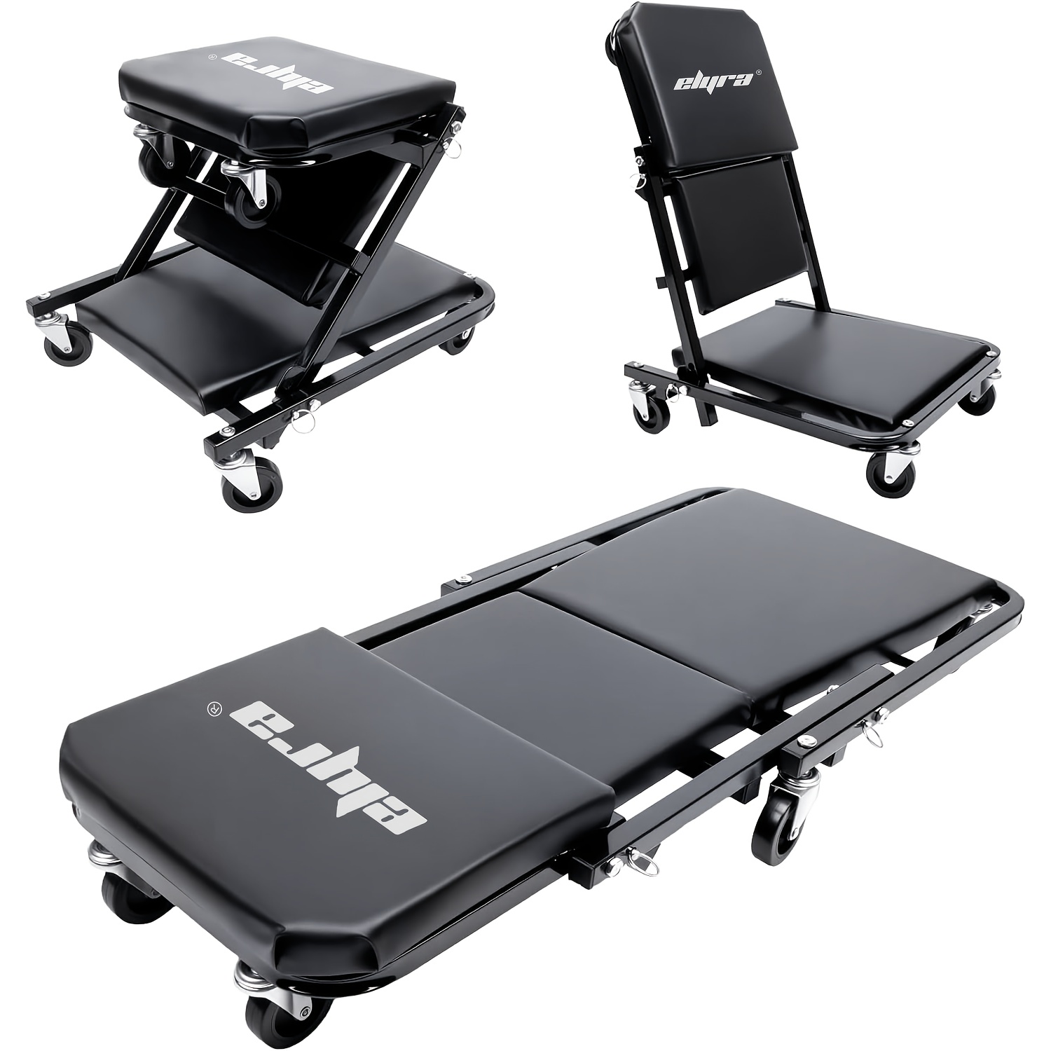 Assembled Rolling Workbench And Reclining Chair, Workshop Rolling Stool, 3 Adjustment Options, Padded Seat, 6 360° Swivel Casters, Suitable for Auto Repair, Tire Changes, And Workshop Tasks