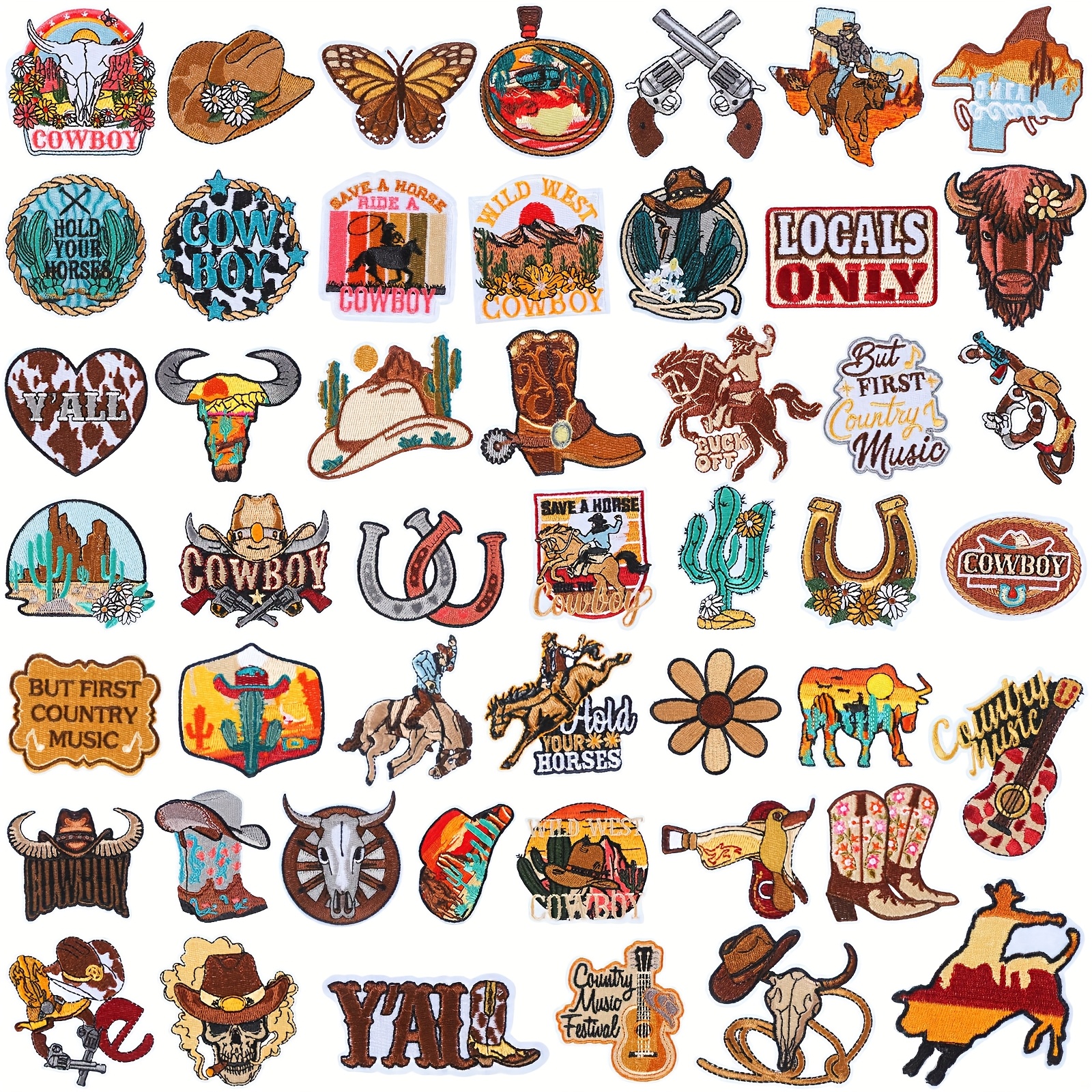 set de 50 parches termoadhesivos con temática  , con diseños retro de vaqueros y  ,   para coser a prendas de vestir, sombreros y disfraces para proyectos.