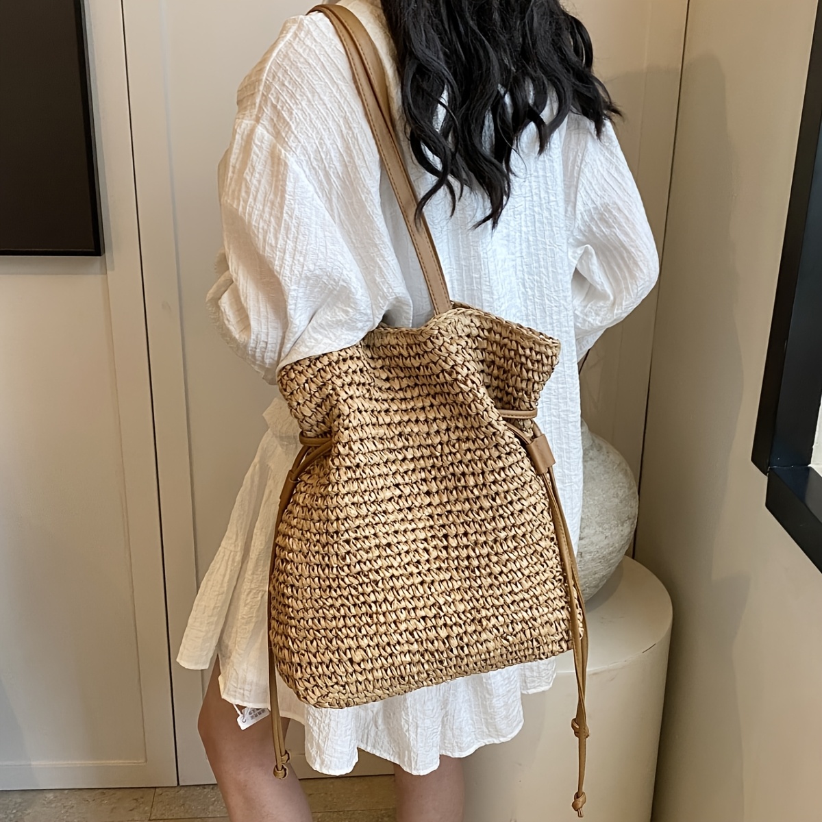 Image of Large Woven Straw Tote Bag For Women - Spacious Beach With Magnetic Closure, Perfect For Vacation, Travel & Casual - Khaki Color, Casual Carryall | Bag | Magnetic Closure Bag, Beach Bag