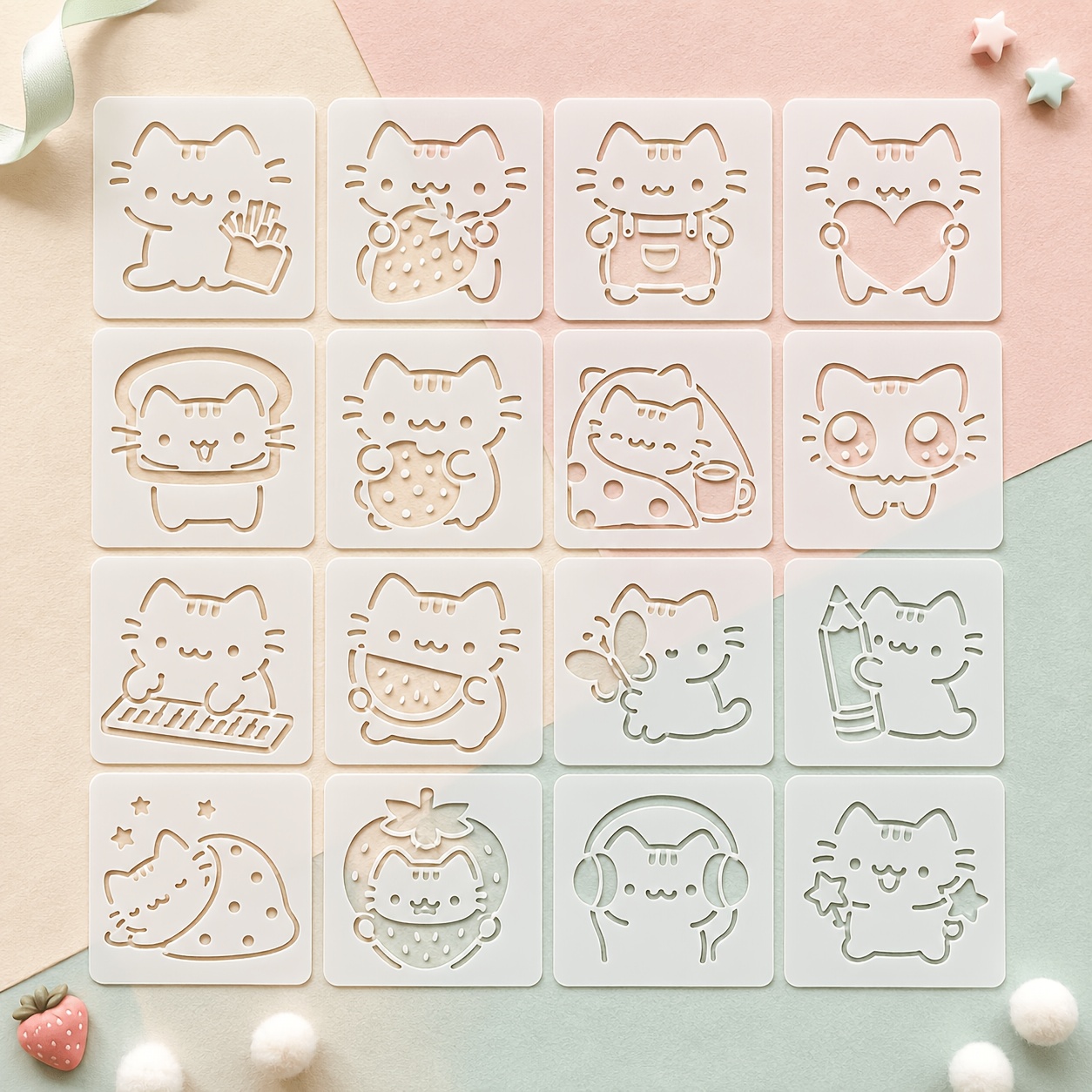 TEMU 16pcs Cute Kitten Drawing Templates, Reusable Pet Plastic Templates, For Handcraft Journal, Canvas Tote Bag Decoration