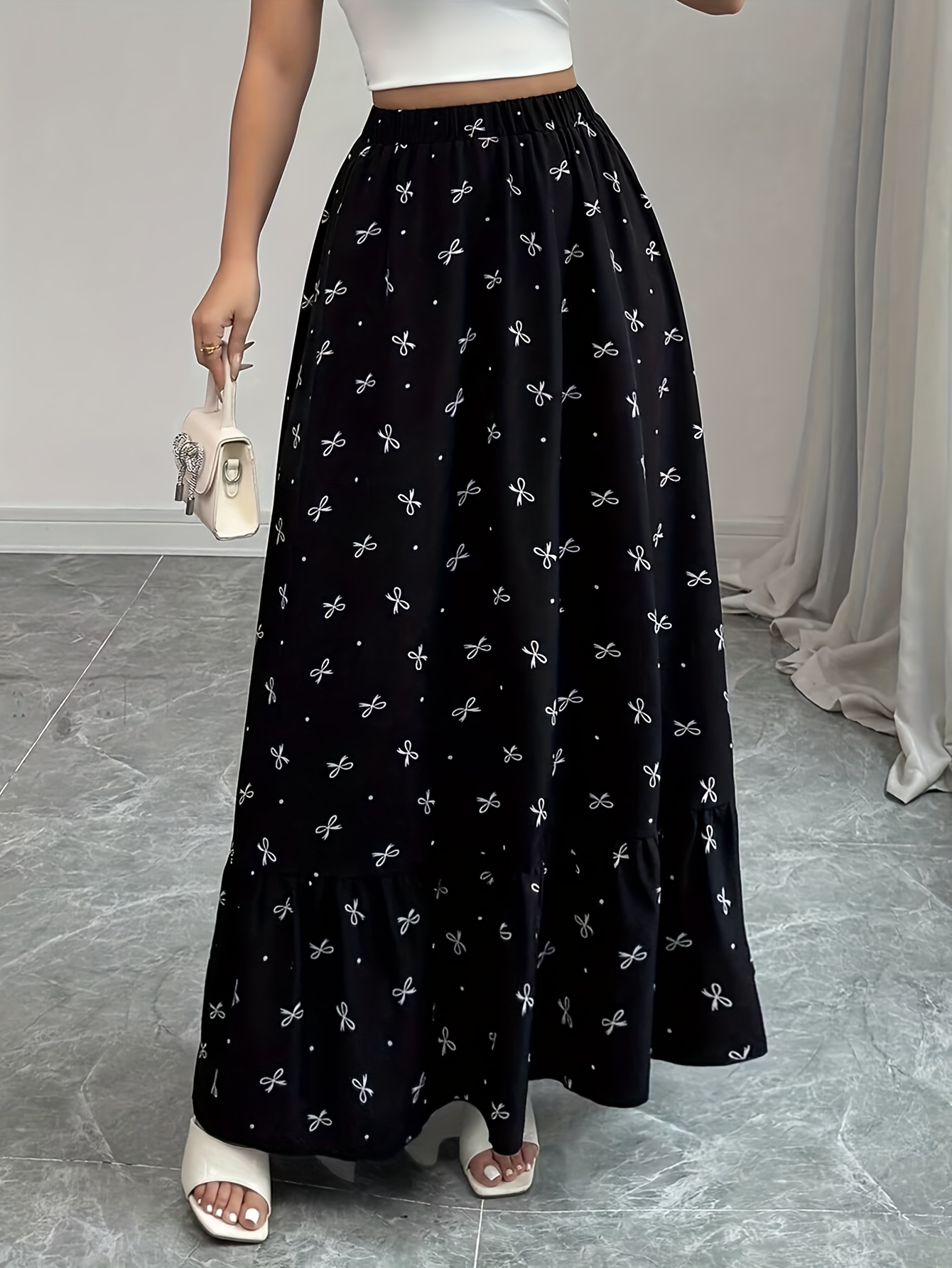 womens elegant black floral print maxi skirt elastic Temu United