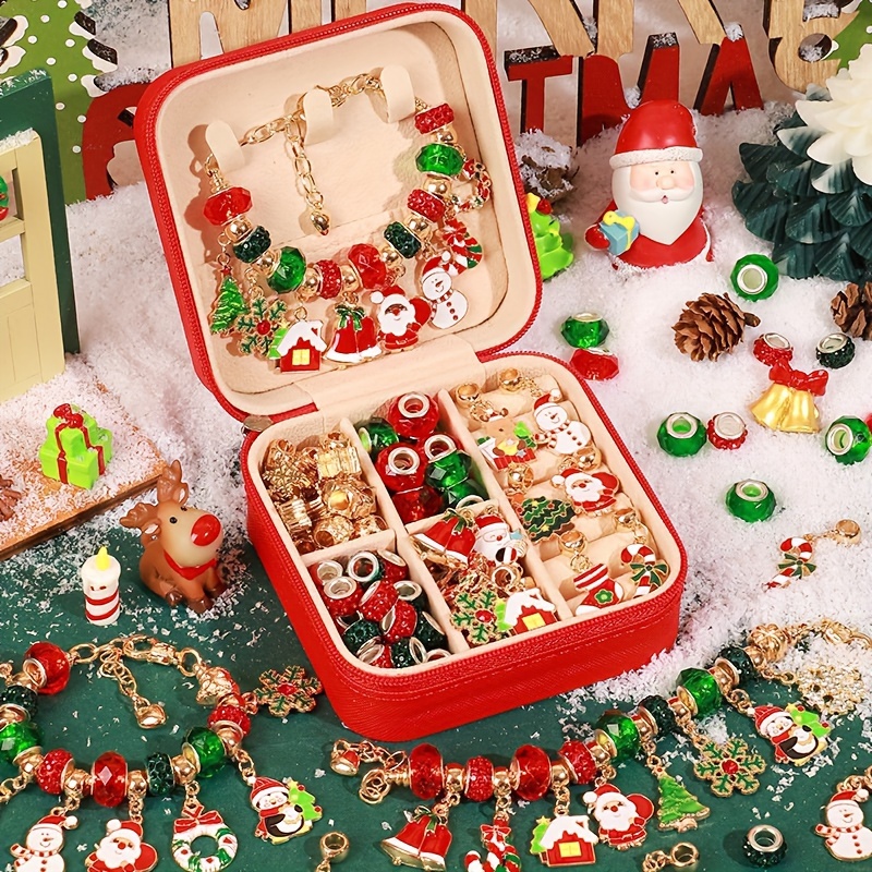 

55pcs Christmas Charm Bracelet Kit - Making Set With Large Hole Beads & Pendants, Zinc Alloy - Holiday Gifts, Christmas Beads