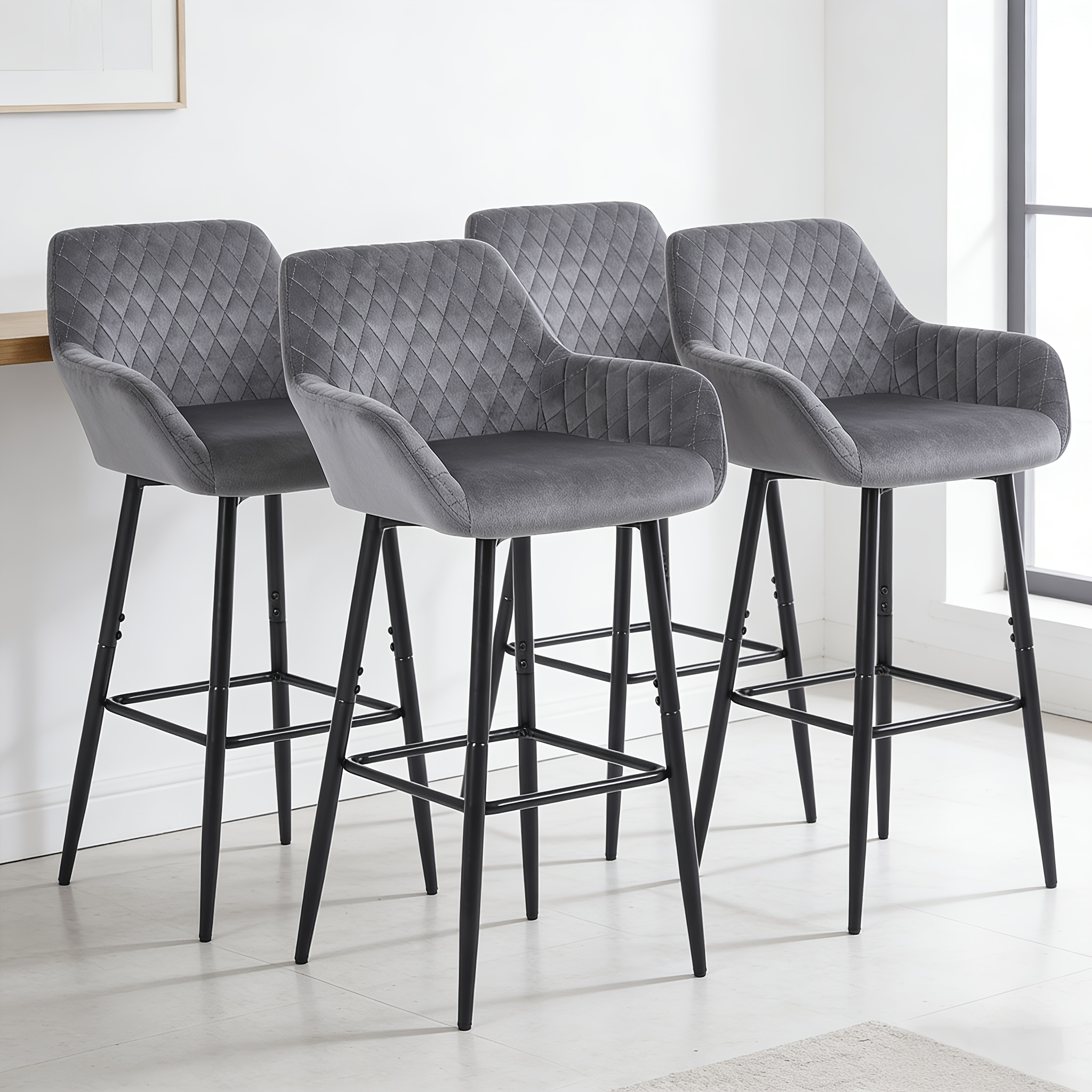 Velvet Fabric Bar Stool Set with Integrated Backrest