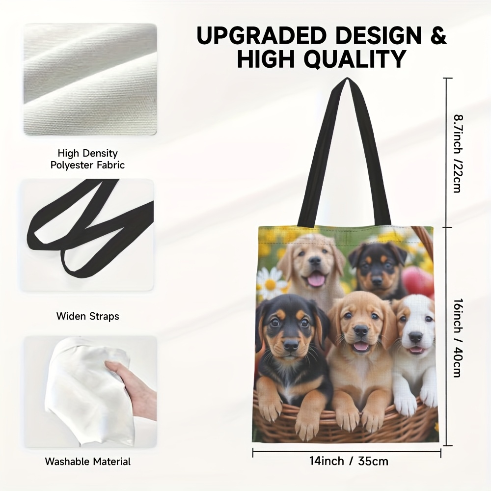 TEMU 1pc, Large Capacity Tote Bag With Cute Puppies Print, Canvas Bag For Daily Use, Grocery Shopping, Travel, And Shopping, Ideal For Dog Owners