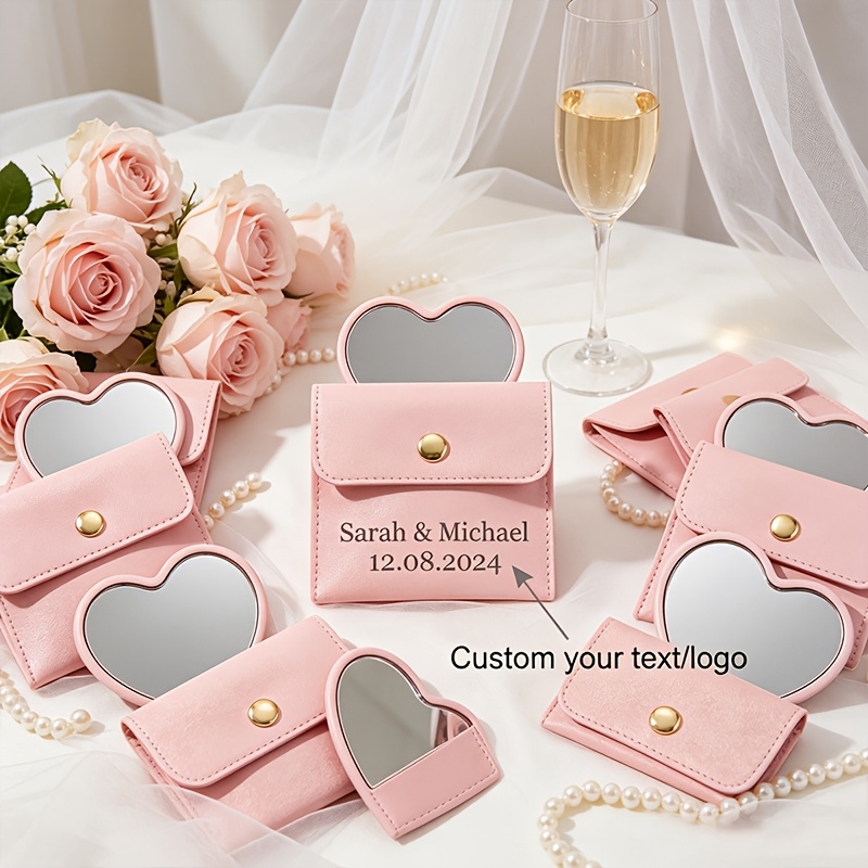 TEMU compact cœur personnalisé avec sac en cuir, de fête de mariage, mini de Cosmétique de poche portable pour fête prénuptiale, souvenirs d'invités