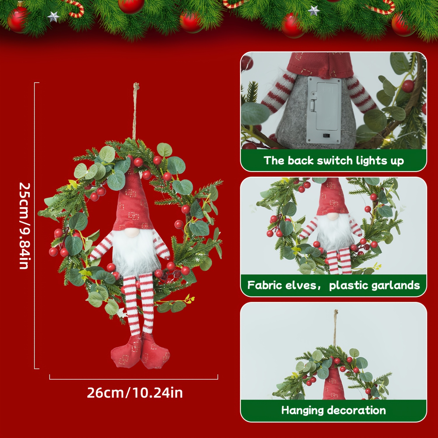 Image of Christmas Wreaths With Led Lights, Operated Xmas Wall Hanging Decor For Front Door Porch Indoor Outdoor, Farmhouse Holiday Decorations Djgifi