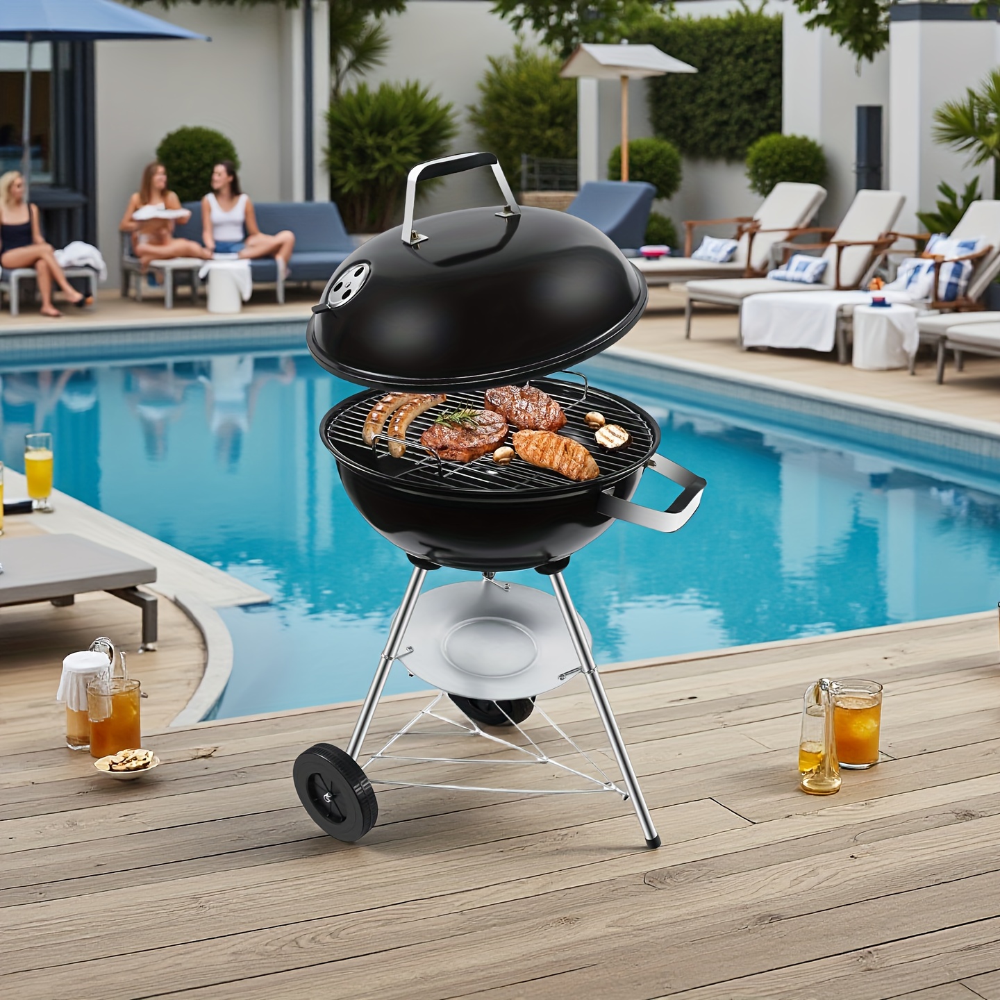 Image of Kettle Charcoal Grill With Lid, Grill Grate Diameter 54cm, Charcoal Grill Charcoal Grill Cart With Wheels, Charcoal Grill For Camping, 64x64x99cm