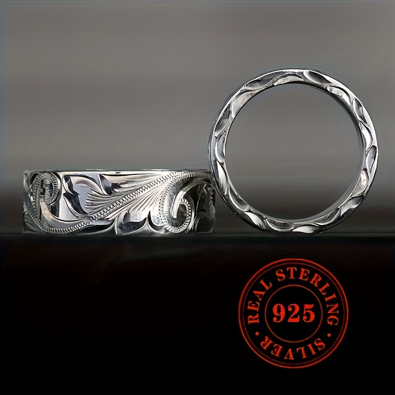 

925 Sterling Silver Engraved Leaf Flower Ring Bohemian Wide Ring Vintage Jewelry - With Exquisite Gifts