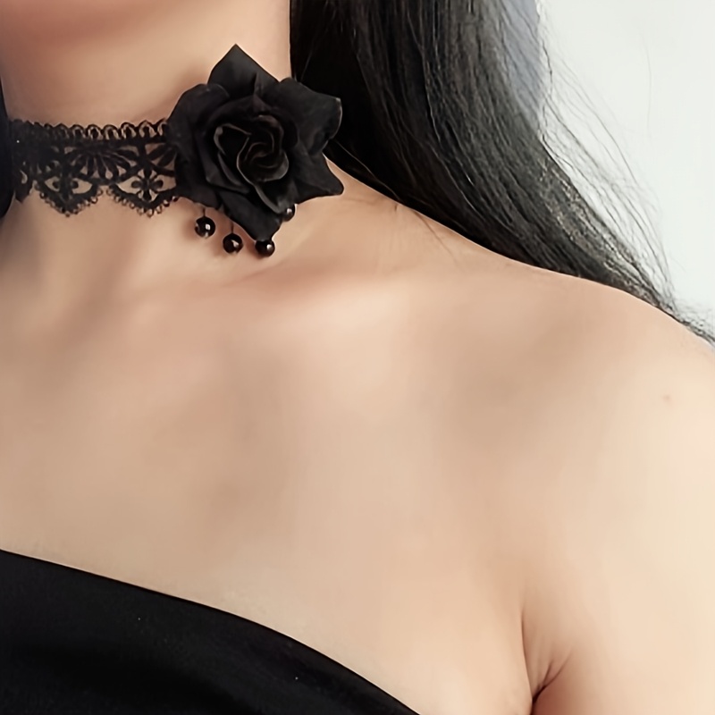 Image of Black Rose Flower Choker Gothic Style Necklace Adjustable Lace Restraint Halloween Party Accessory