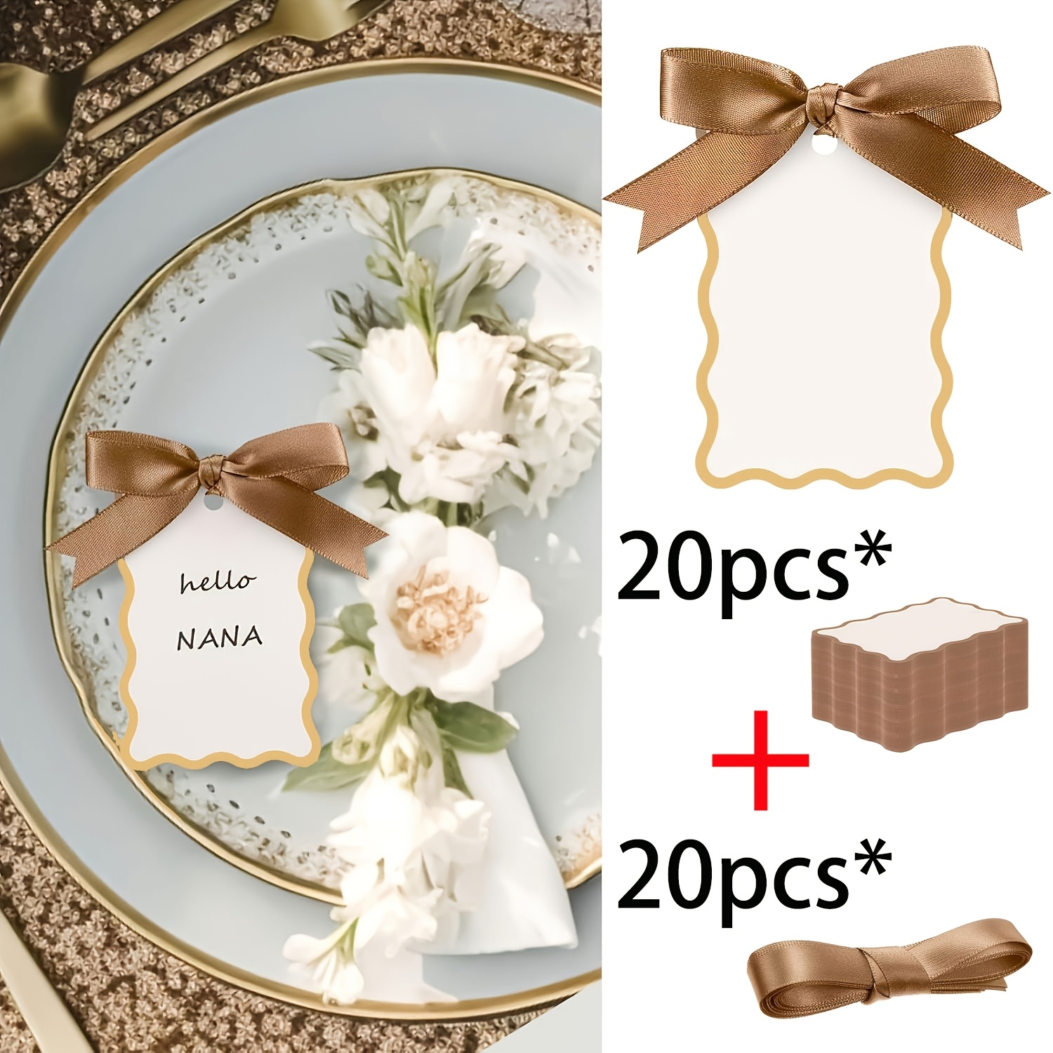 40pcs Scallop Name Cards For Table Setting Diy Wedding Placecards With Ribbon 20pcs Name Table Cards And 20pcs Ribbon For Weddings Party Celebrations Supplies,halloween, Christmas