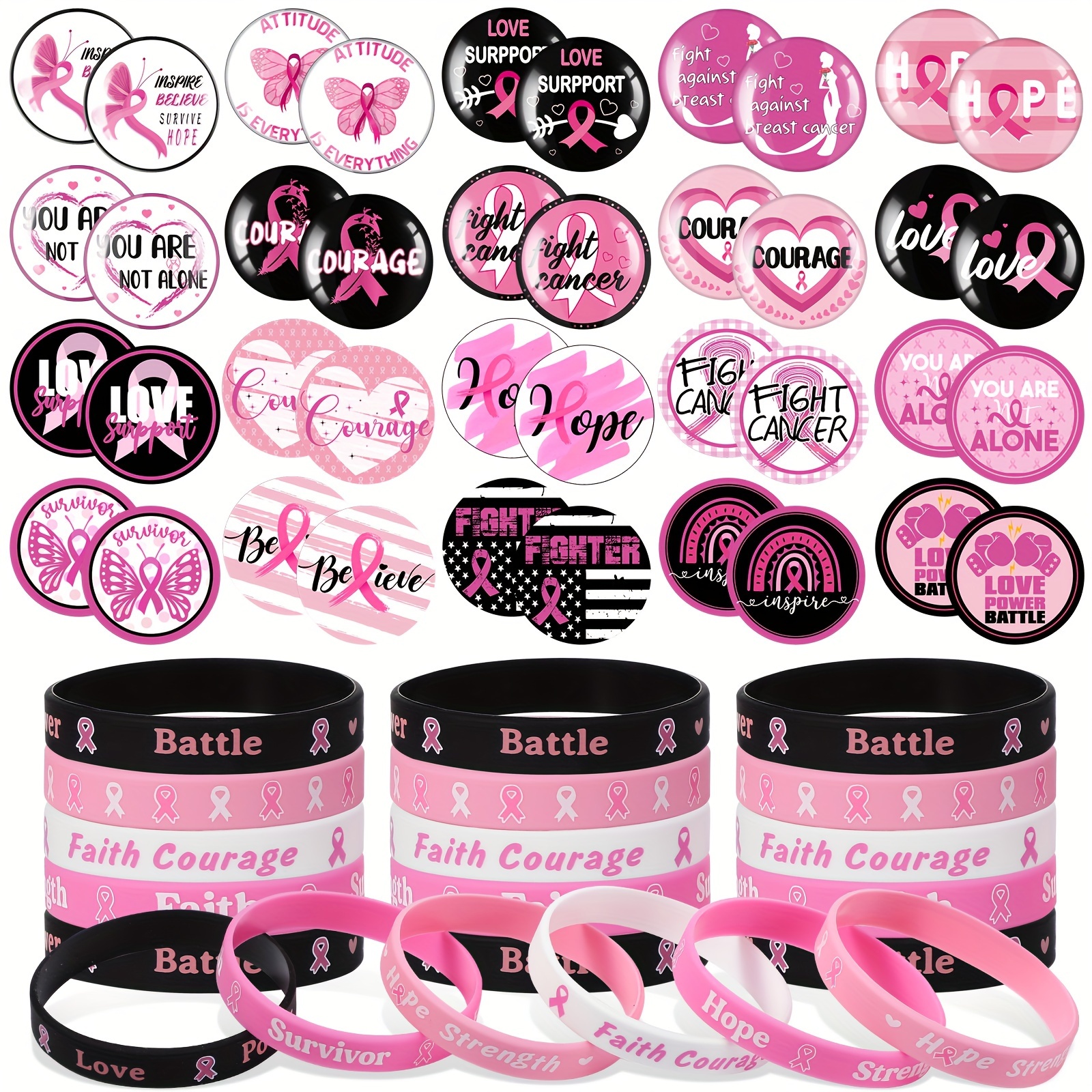 

60 Pieces Breast Cancer Awareness Party Supplies, Breast Cancer Wristbands Bracelets And Plastic Button Badges For Strength Hope Faith Courage Survivor Party Supplies