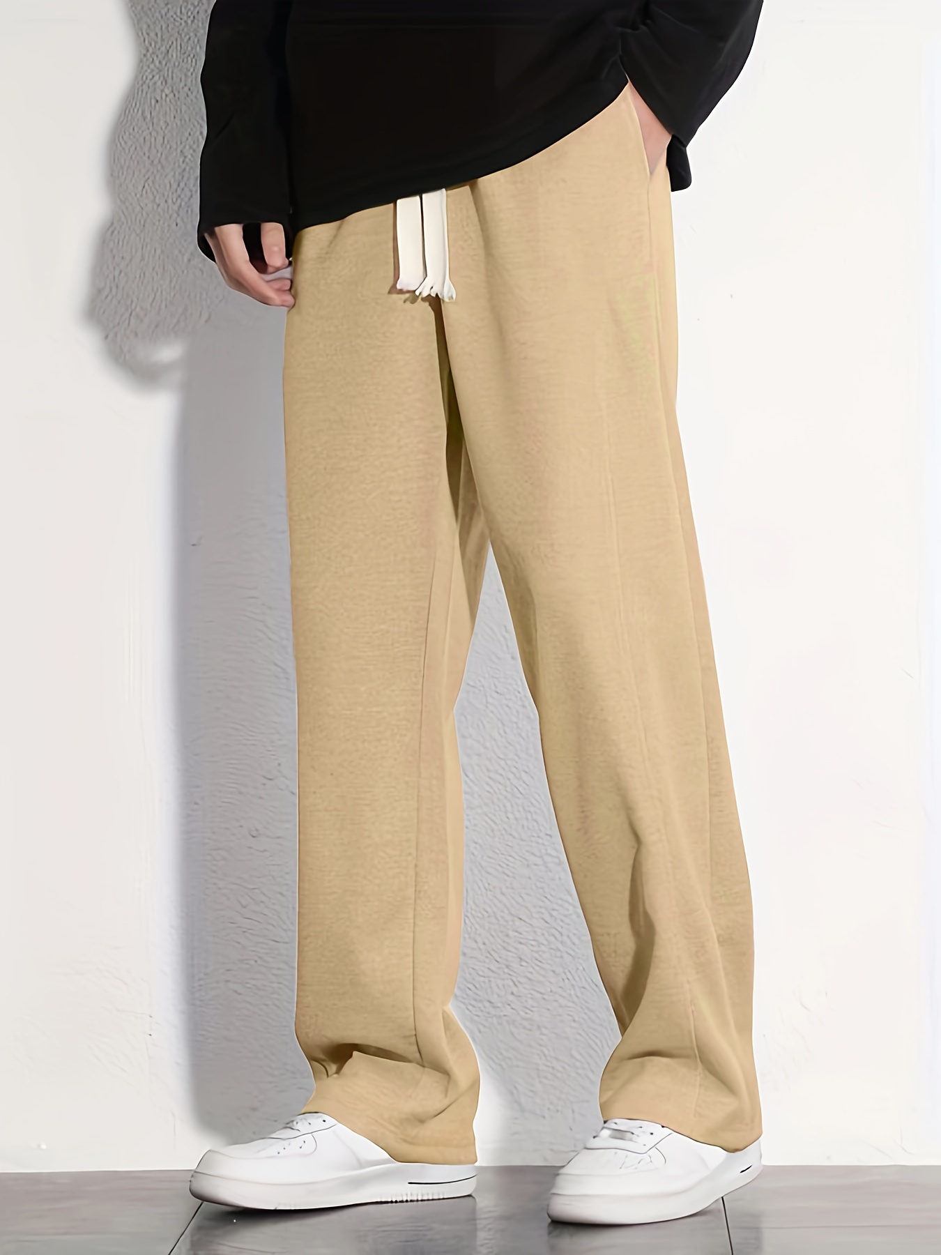 Men's Loose Fit Straight Leg Pants, Casual Comfy Drawstring Thin Trousers  For Spring Summer