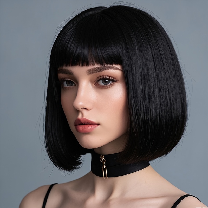TEMU 12-inch Black Bob Wig With Bangs, Straight Synthetic Hair For Women - Stylish Everyday & Cosplay Wig, 100% Density, High-temperature Fiber, All