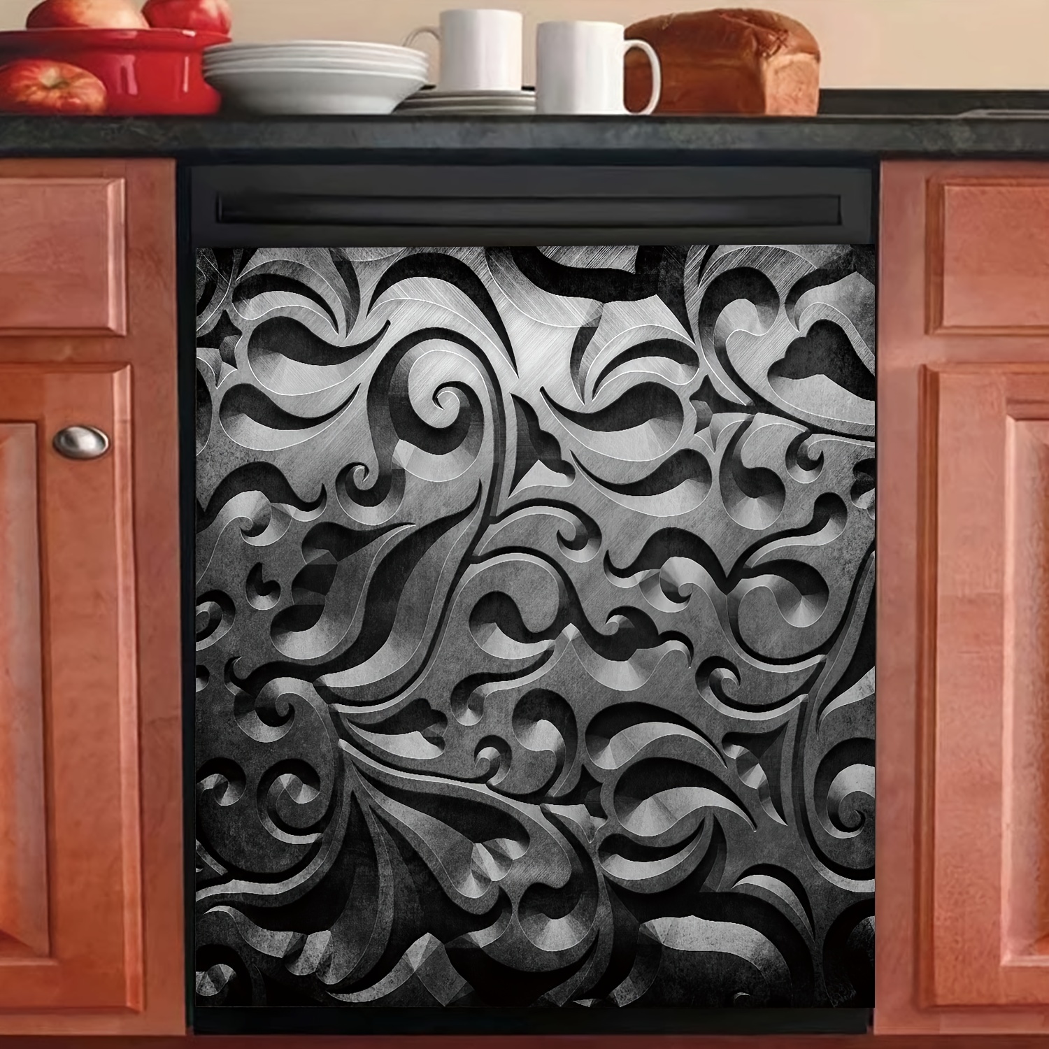 TEMU 1pc Black Floral Dishwasher Magnet Simulation Metal Flower Cover, Rectangular Dishwasher Cover Decal, Classic Kitchen Decor, Dishwasher Panel