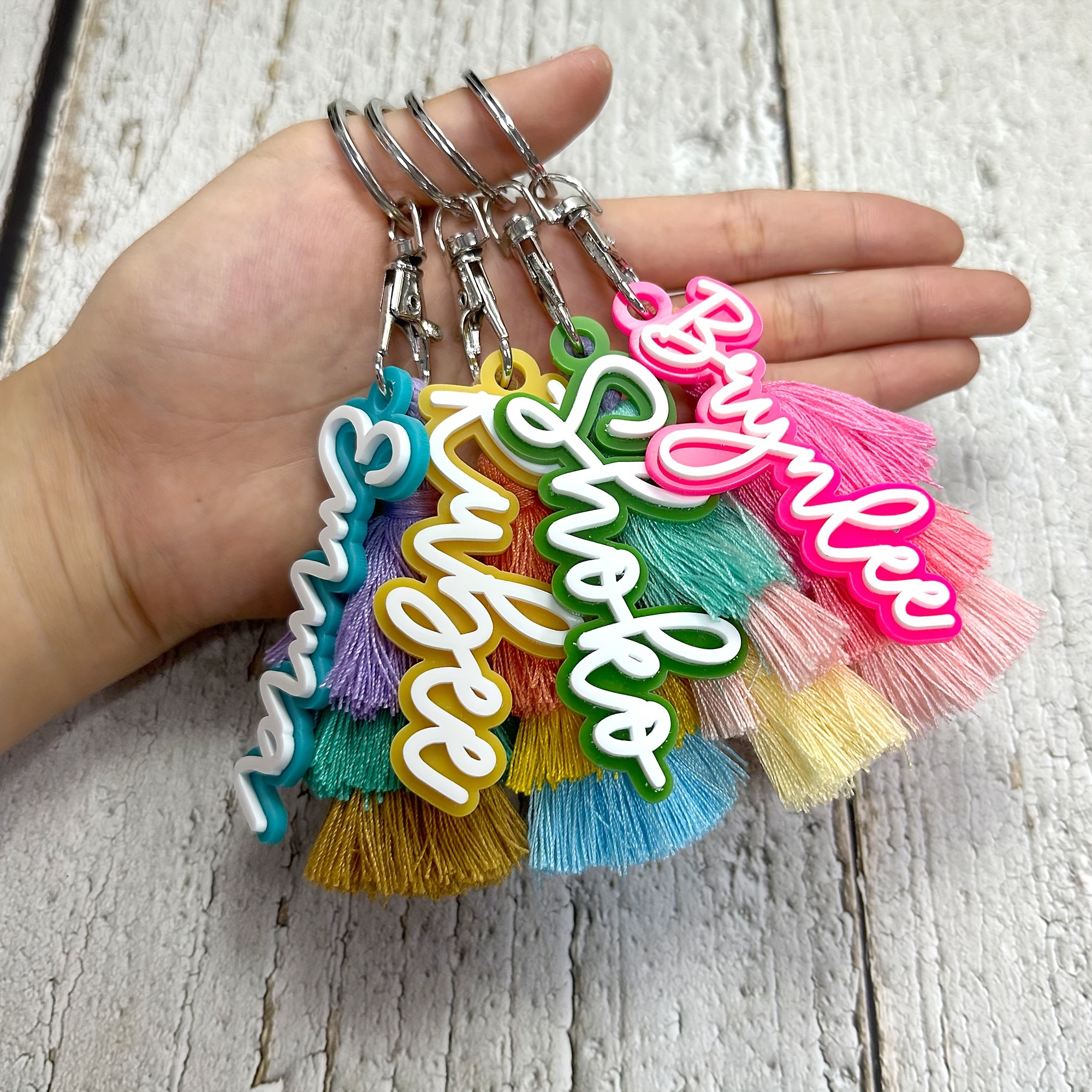 

Custom Acrylic Name Keychain With Macaron Colors - Personalized Lettering & Handcrafted Tassel Charm For Backpacks, Christmas Decorations