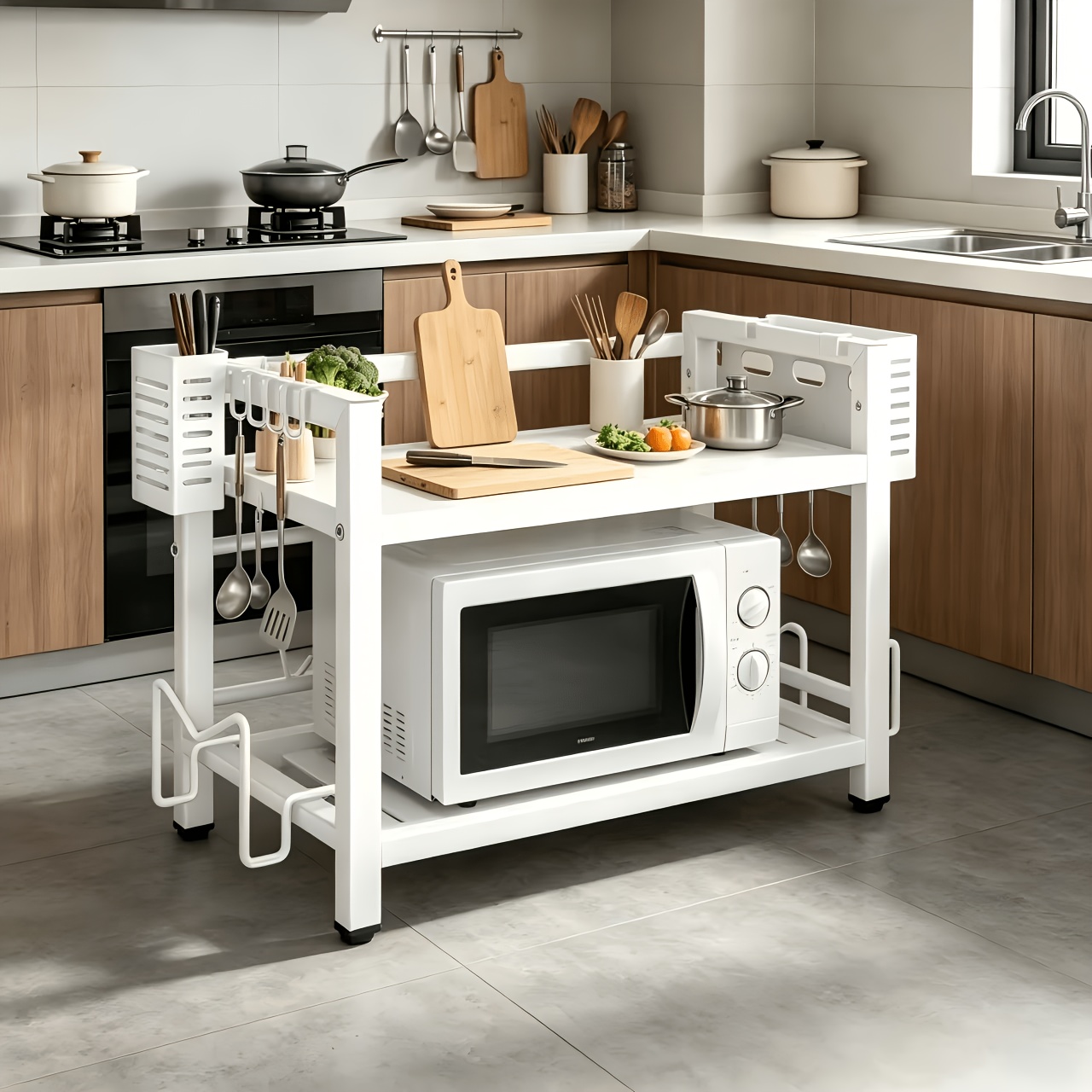 Single Layer Expandable Microwave Stand For Countertop Multi Function Kitchen Storage Rack With 6 Hooks Chopstick Holder & Cutting Board Slot 38 64cm Adjustable Length, Standing Shelf, Standing Shelf