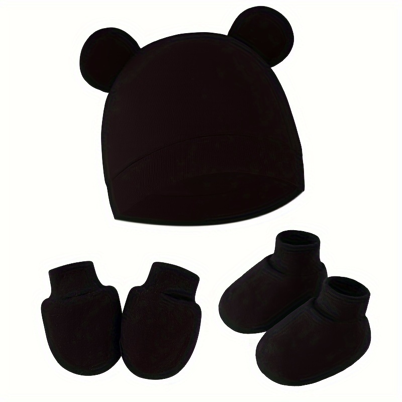 

2pairs+1pc Newborn Infant Hat Mittens Set, Cotton Bear Ear Beanie Cap And Gloves, For Baby Girls And Boys, Ideal Choice For Gifts, Unisex Infant Accessory