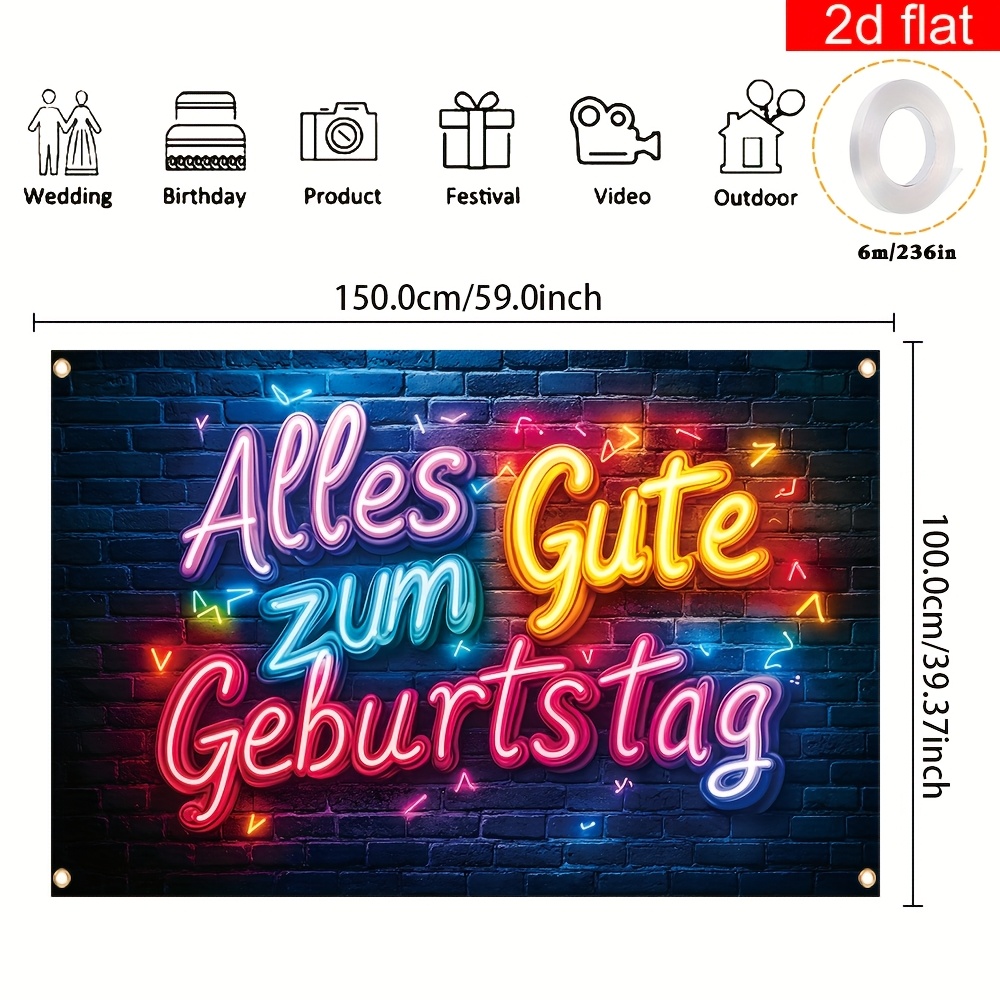 2d Flat Banner, 1pc German Happy Birthday Decorative Banner, Polyester, Suitable For Birthday Party Banner Cake Table Photography Backdrop Home Wall Outdoor Garden Sign Decoration Supplies, 2d Flat