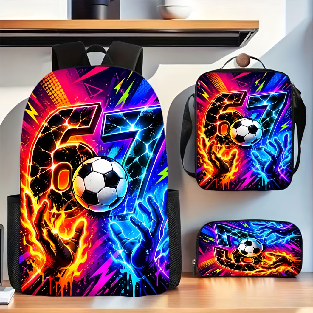 TEMU Ensemble de 3 pièces sac à dos avec imprimé cool flamme glace football numéro 67 - : 1 sac à dos + 1 trousse + 1 sac à main