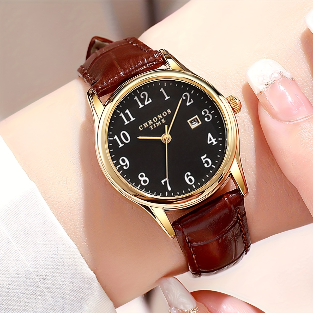 Gold Uhr Mit Breitem Lederarmband Damen Damen Uhren Mit