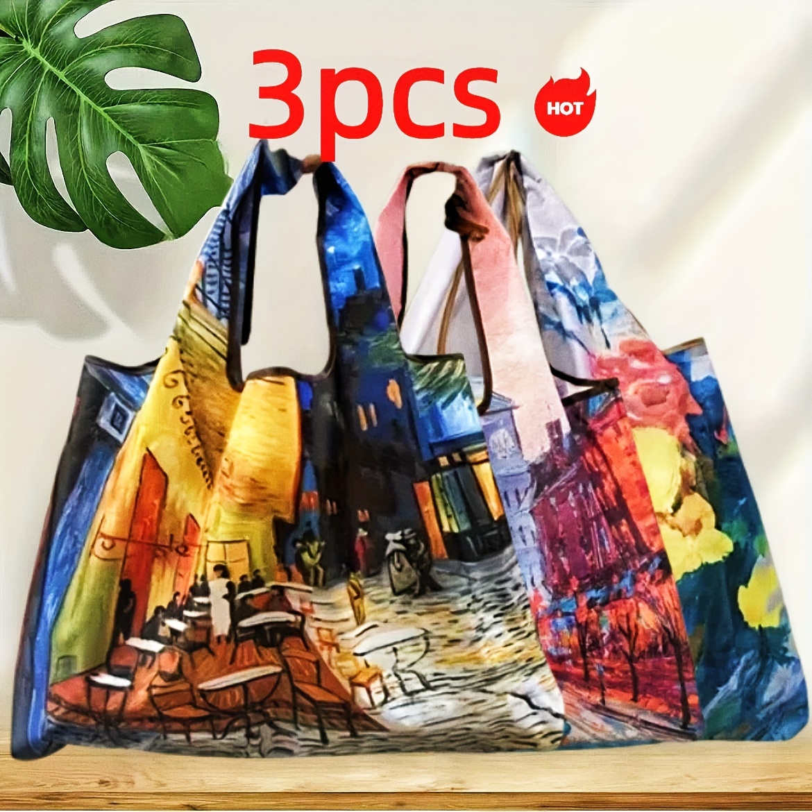 

3 Pcs Large Capacity Oil-painting Style Tote Bag - Reusable, Portable, Lightweight, Grocery Shoulder Bag For Men And Women - Shopping, Travel, And Daily Use